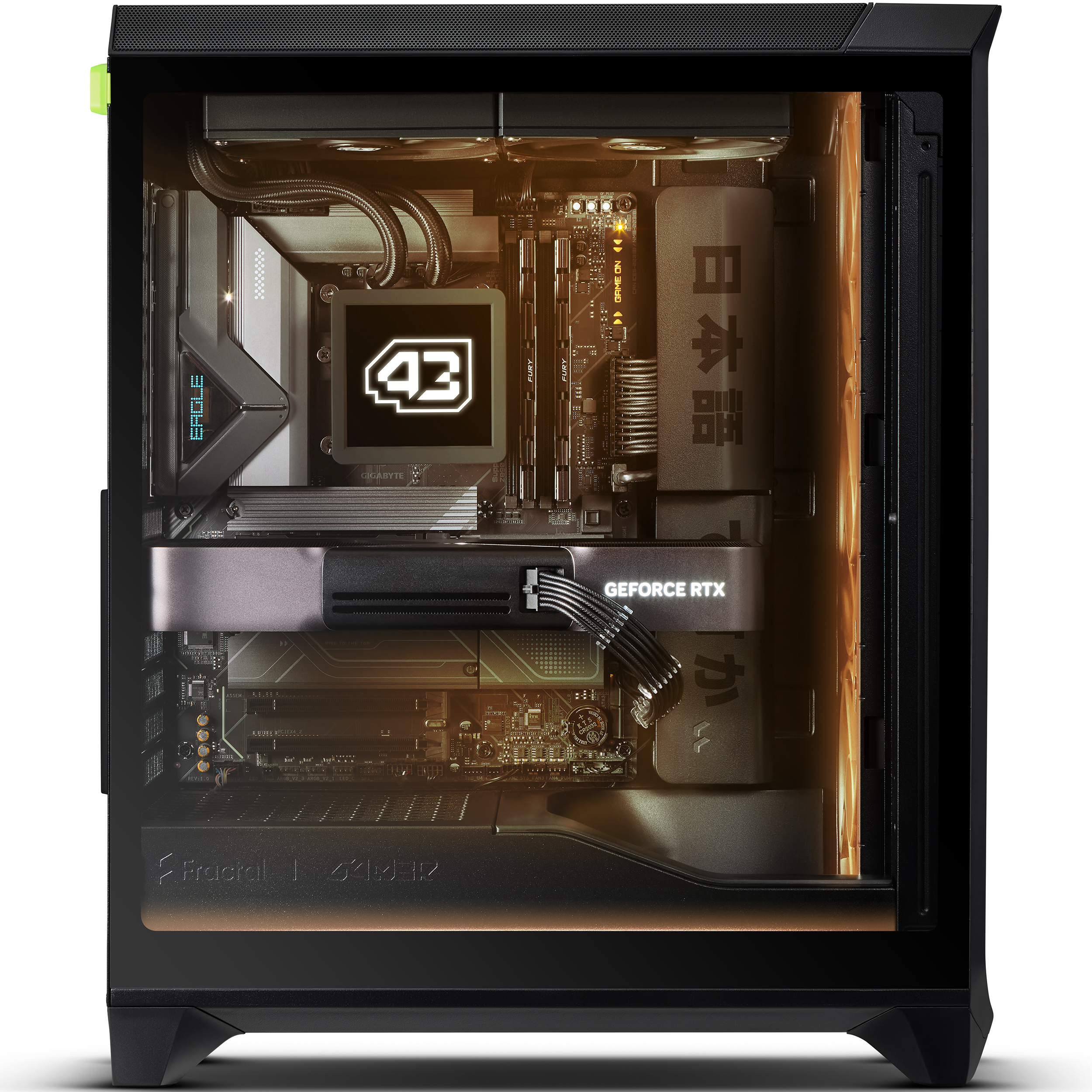 Ein schwarzes PC-Gehäuse mit Sichtfenster zeigt eine leuchtende Inneneinrichtung.