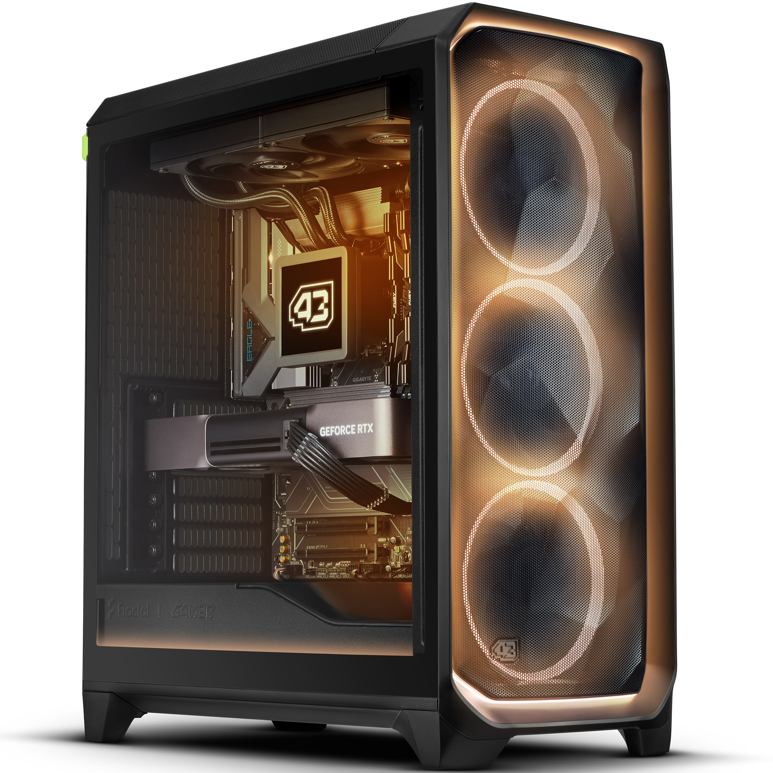 Ein schwarzer PC-Gehäuse mit transparenter Seitenwand, beleuchteten Lüftern und RGB-Beleuchtung.