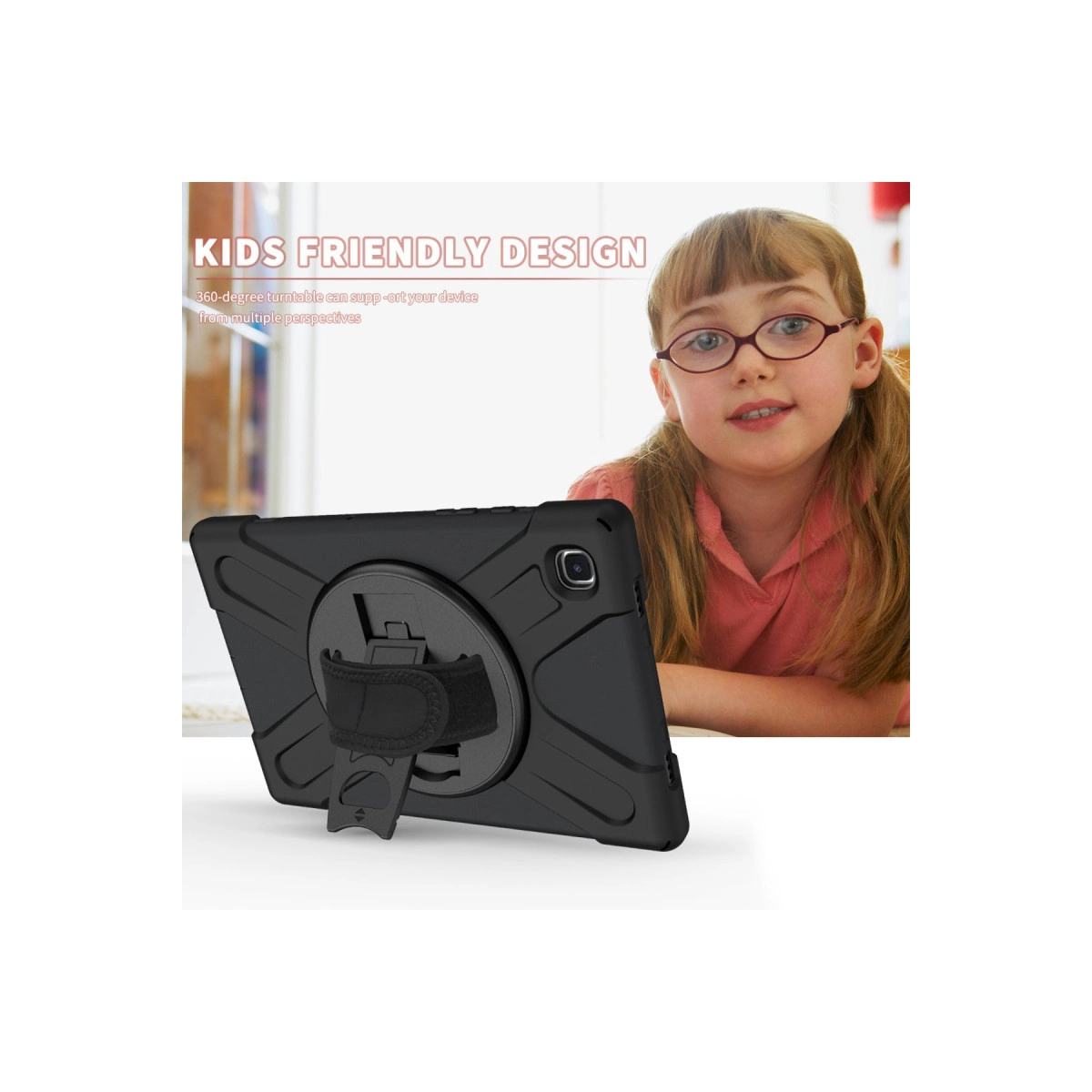 Gözlüklü kızın önünde stantlı siyah tablet kılıfı.