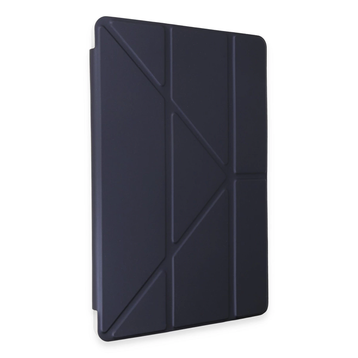 Geometrik katlama desenli koyu gri tablet kılıfı, beyaz arka plan üzerinde.