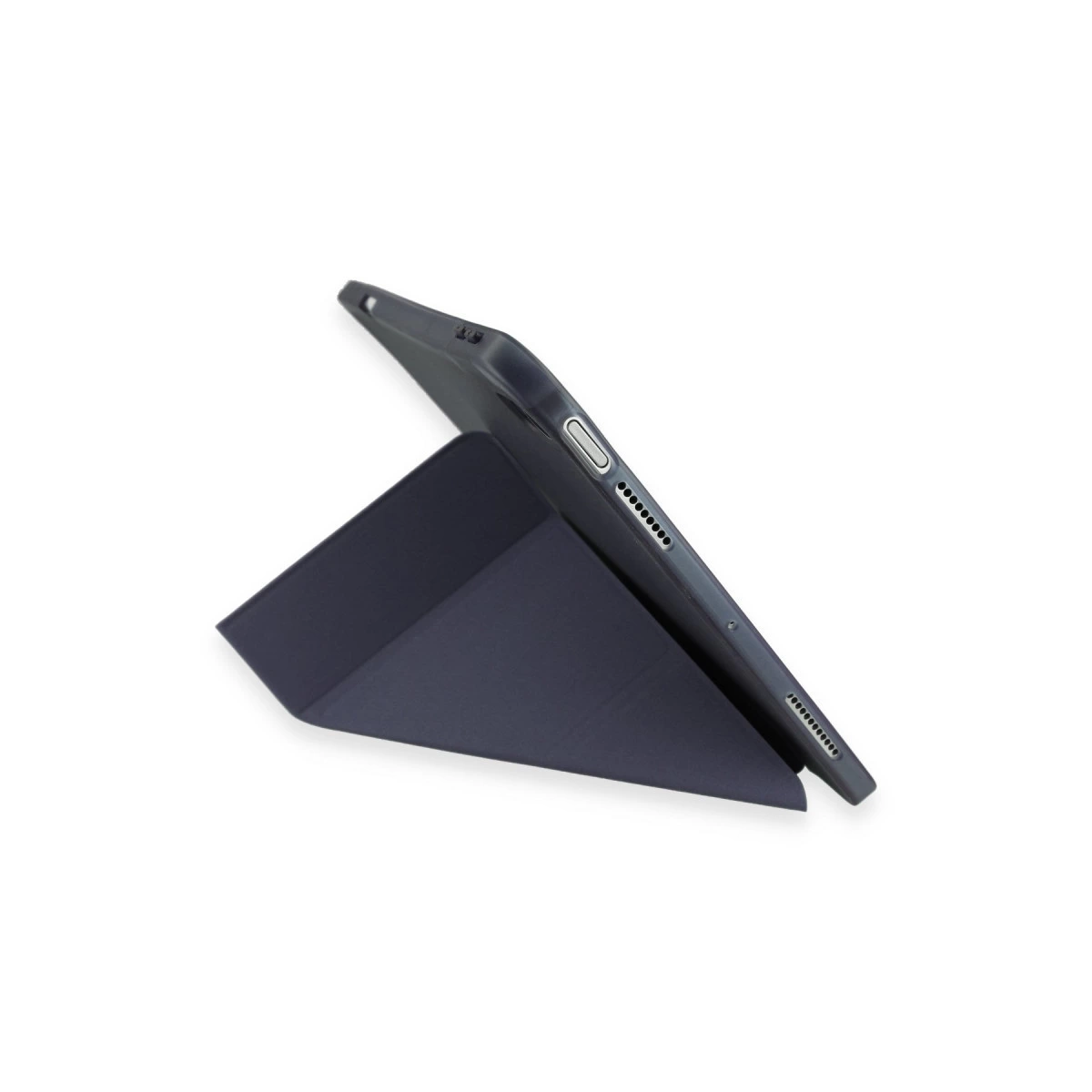 Koyu renkli tablet standı, tableti eğimli bir pozisyonda tutuyor.