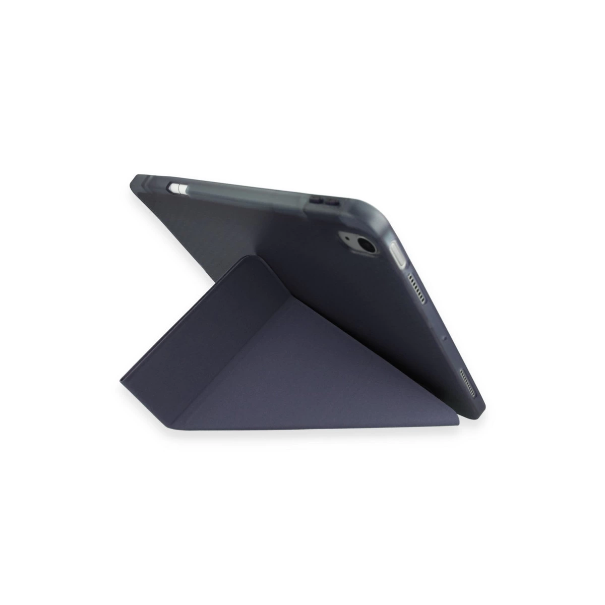 Koyu mavi tablet kılıfında, koyu mavi stantla desteklenmiş. Beyaz arka plan.