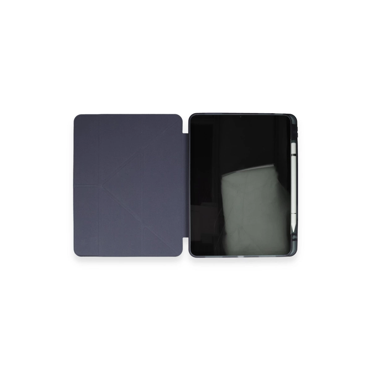 Yanında kalem bulunan açık koruyucu kılıflı koyu gri tablet.