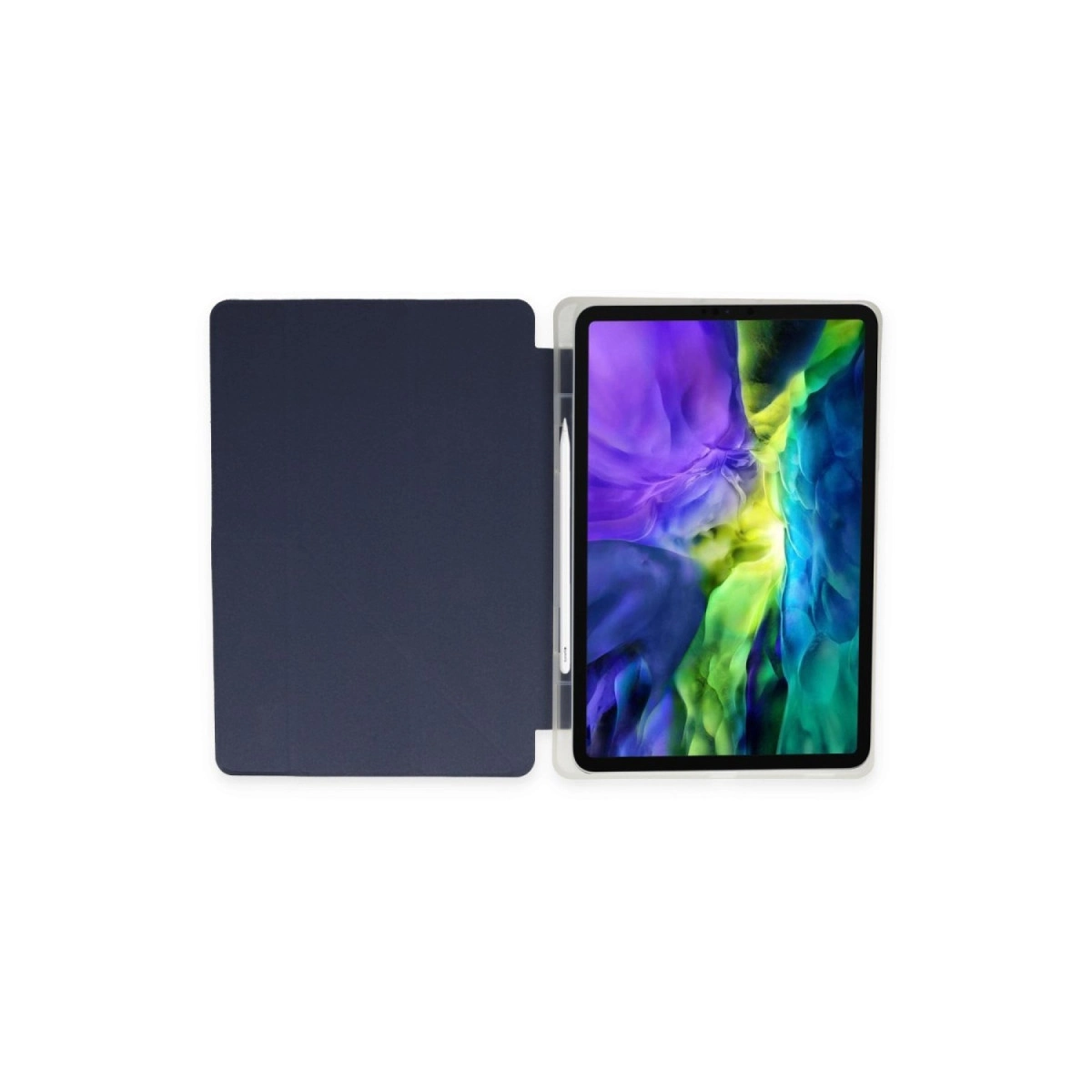 Renkli duvar kağıdı ve kalemli koyu renk tablet.