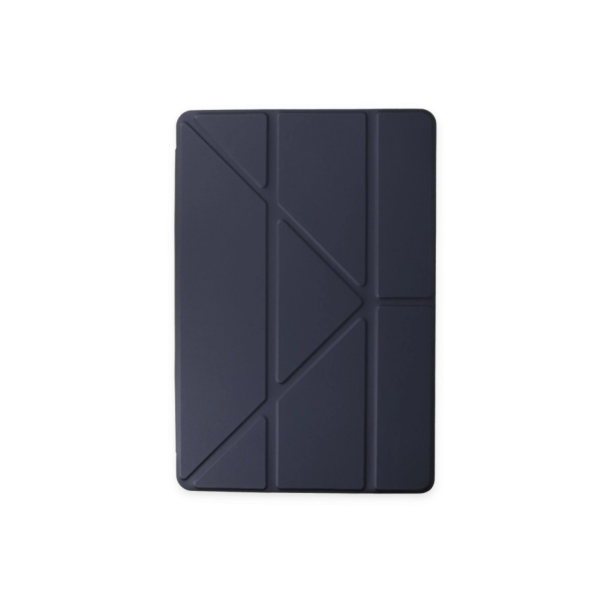 Beyaz arka plan üzerinde geometrik desenli koyu gri tablet kılıfı.