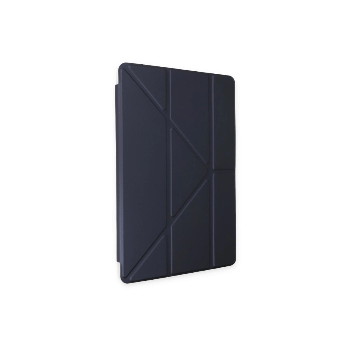 Geometrik katlanabilir tasarımlı lacivert tablet kılıfı.