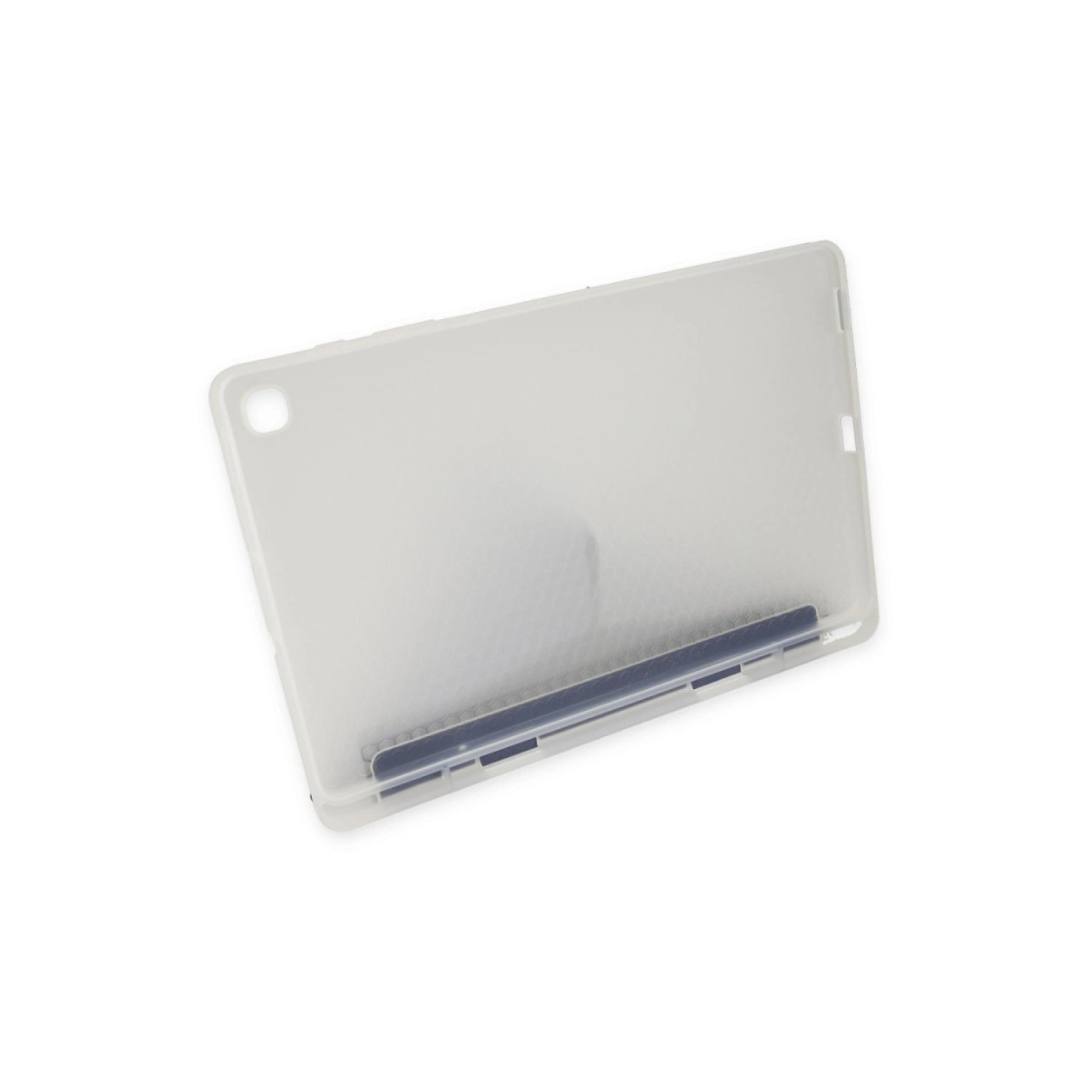 Alt kenarında koyu mavi şerit bulunan yarı saydam beyaz tablet kılıfı.