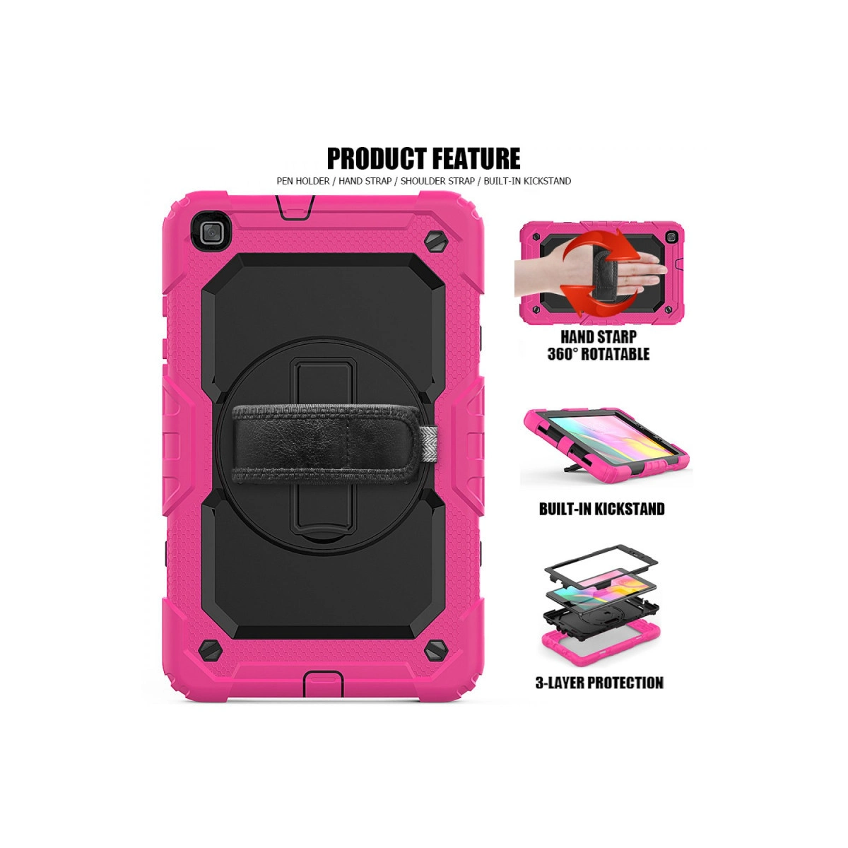 Pembe tablet kılıfı, elde taşıma kayışı, stant ve 3 katmanlı koruma.
