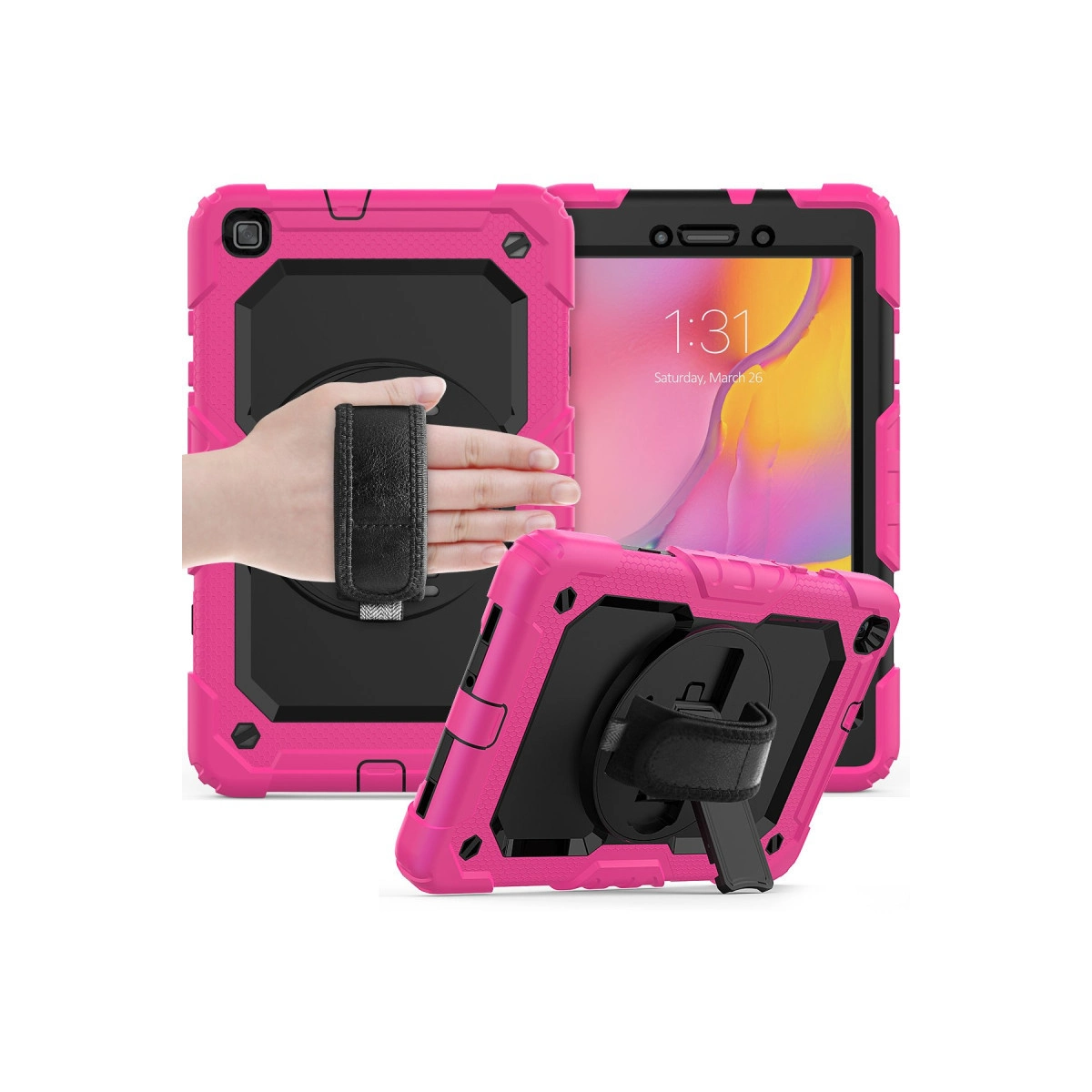 El askılı pembe tablet kılıfı. Tablet ekranı 1:31 saati gösteriyor.