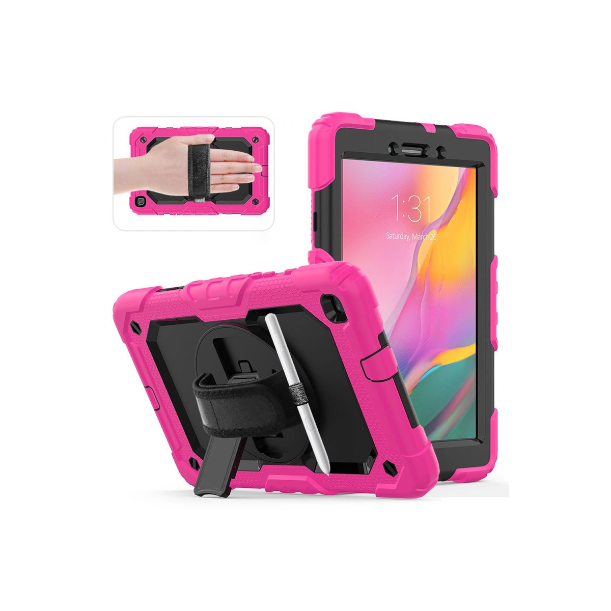 Standlı ve el kayışlı pembe sağlam tablet kılıfı. Tablet ekranı saat ve tarihi gösterir.