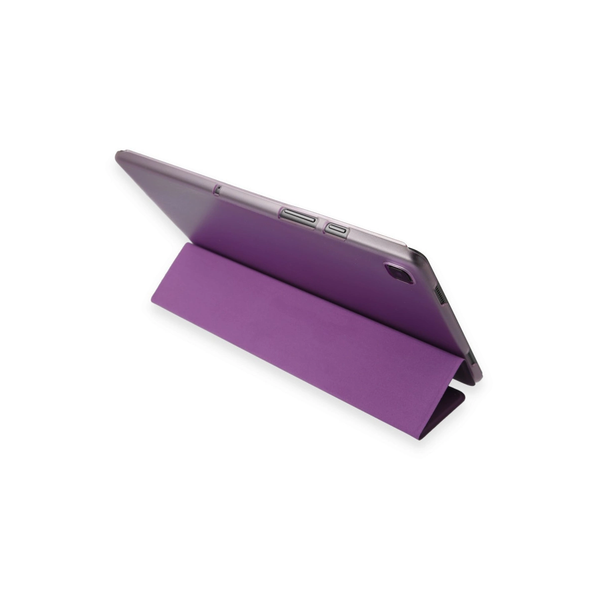 Eşleşen stantlı kılıfı olan mor tablet, beyazda izole edilmiş.