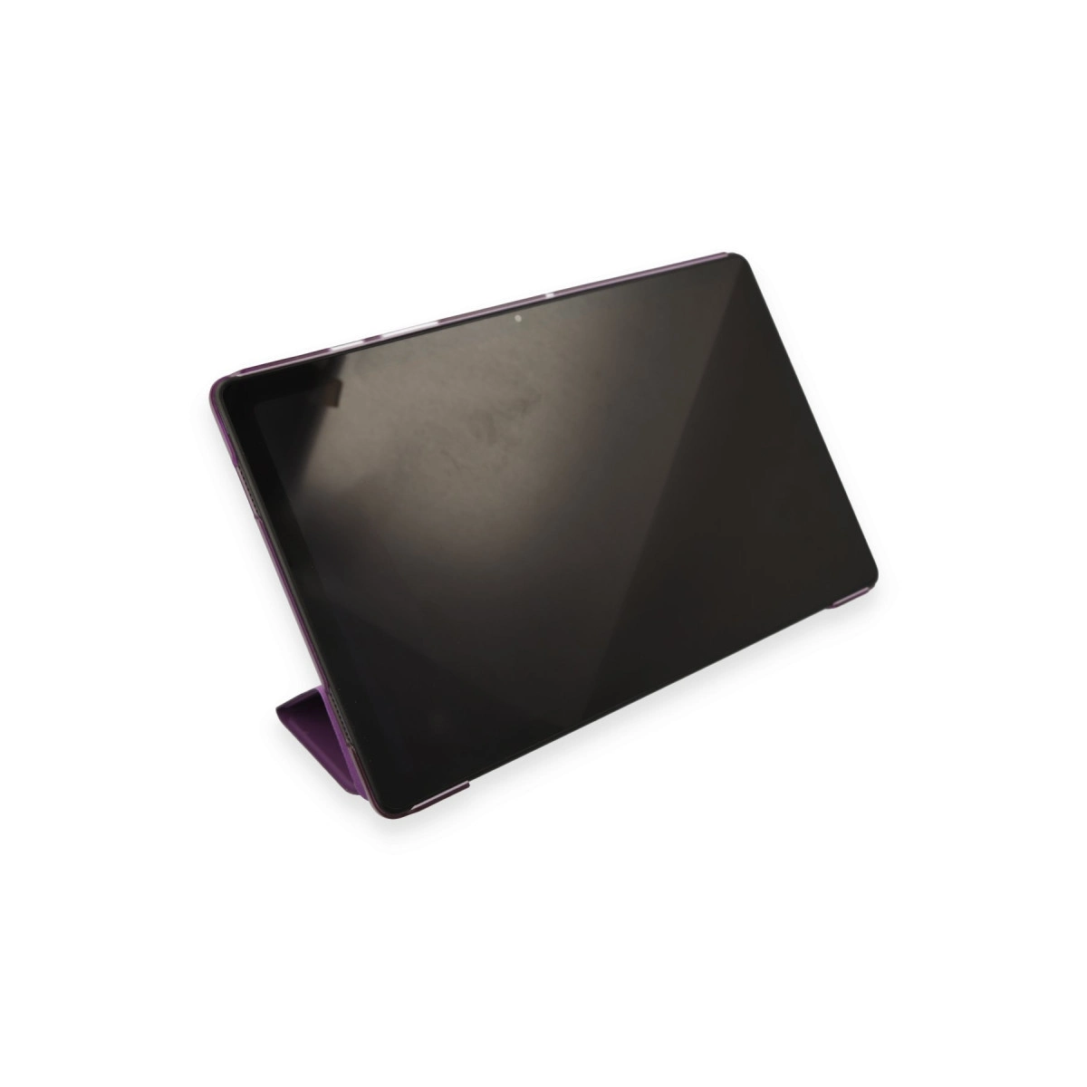 Beyaz zeminde duran mor tablet.