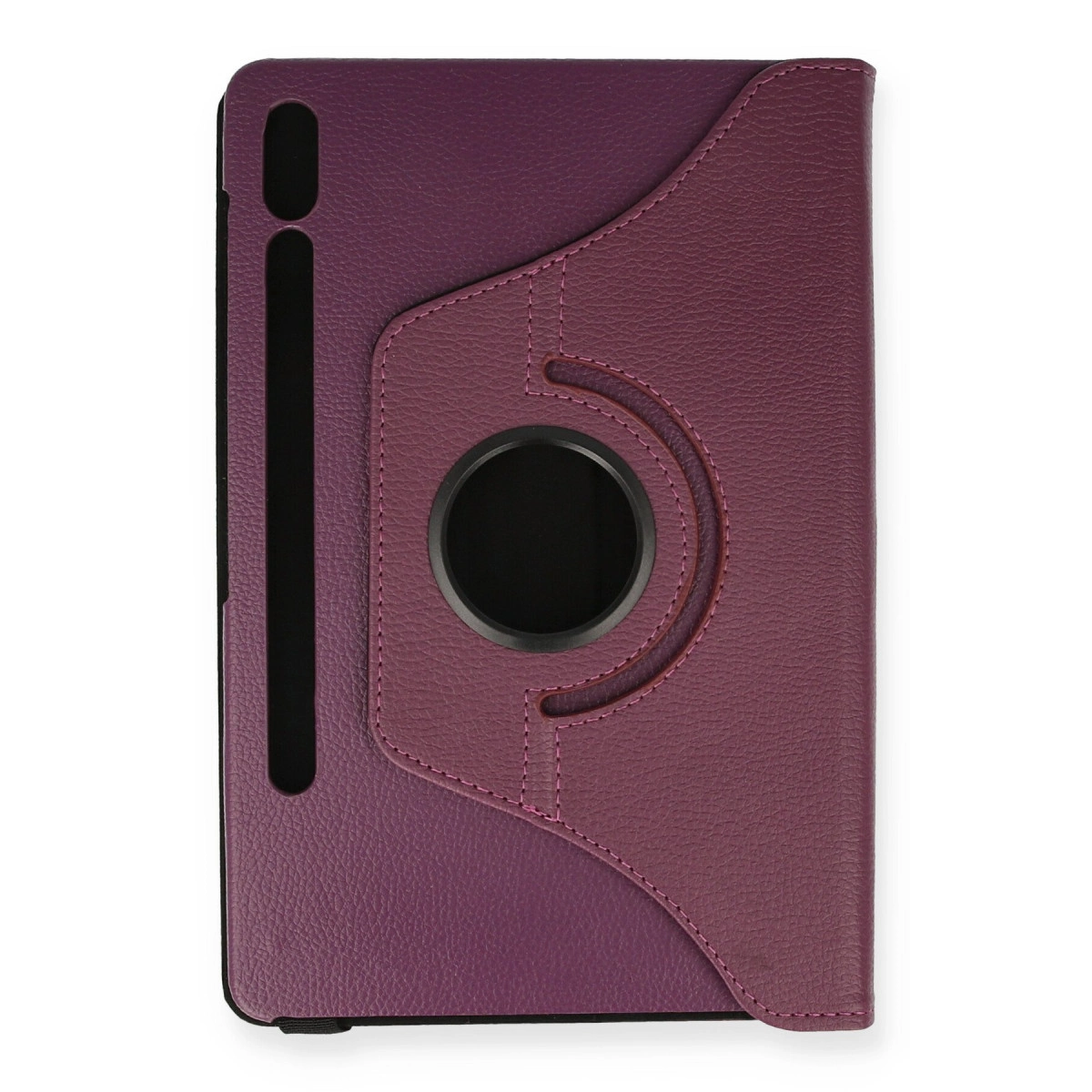 Dikiş detaylı, siyah dairesel tutuculu mor tablet kılıfı.
