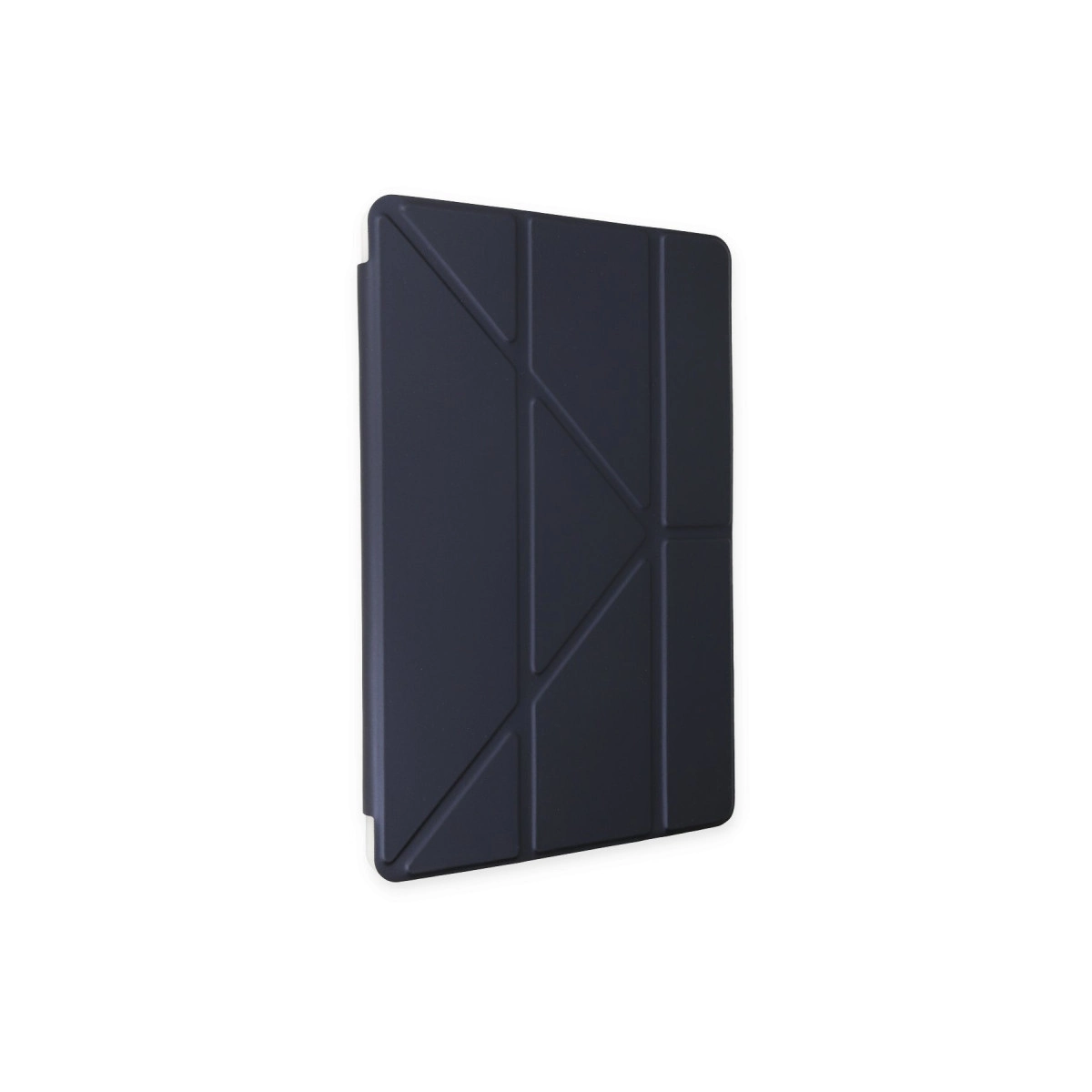 Geometrik desenli lacivert tablet kılıfı, beyaz arka plan üzerinde.