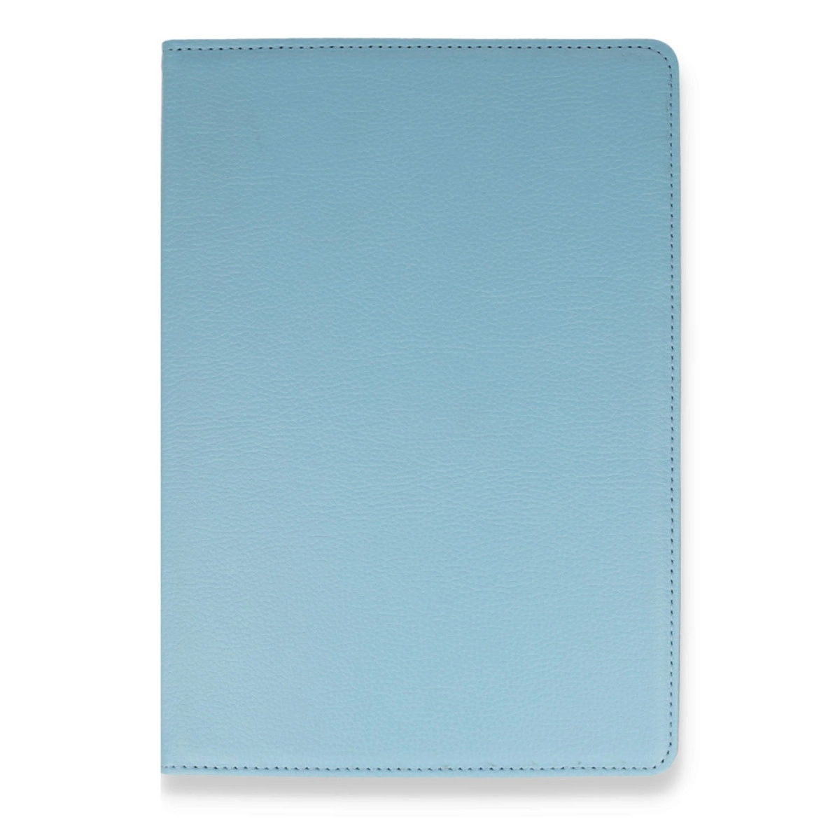 Beyaz zeminde dikişli, açık mavi, deri görünümlü bir defter.