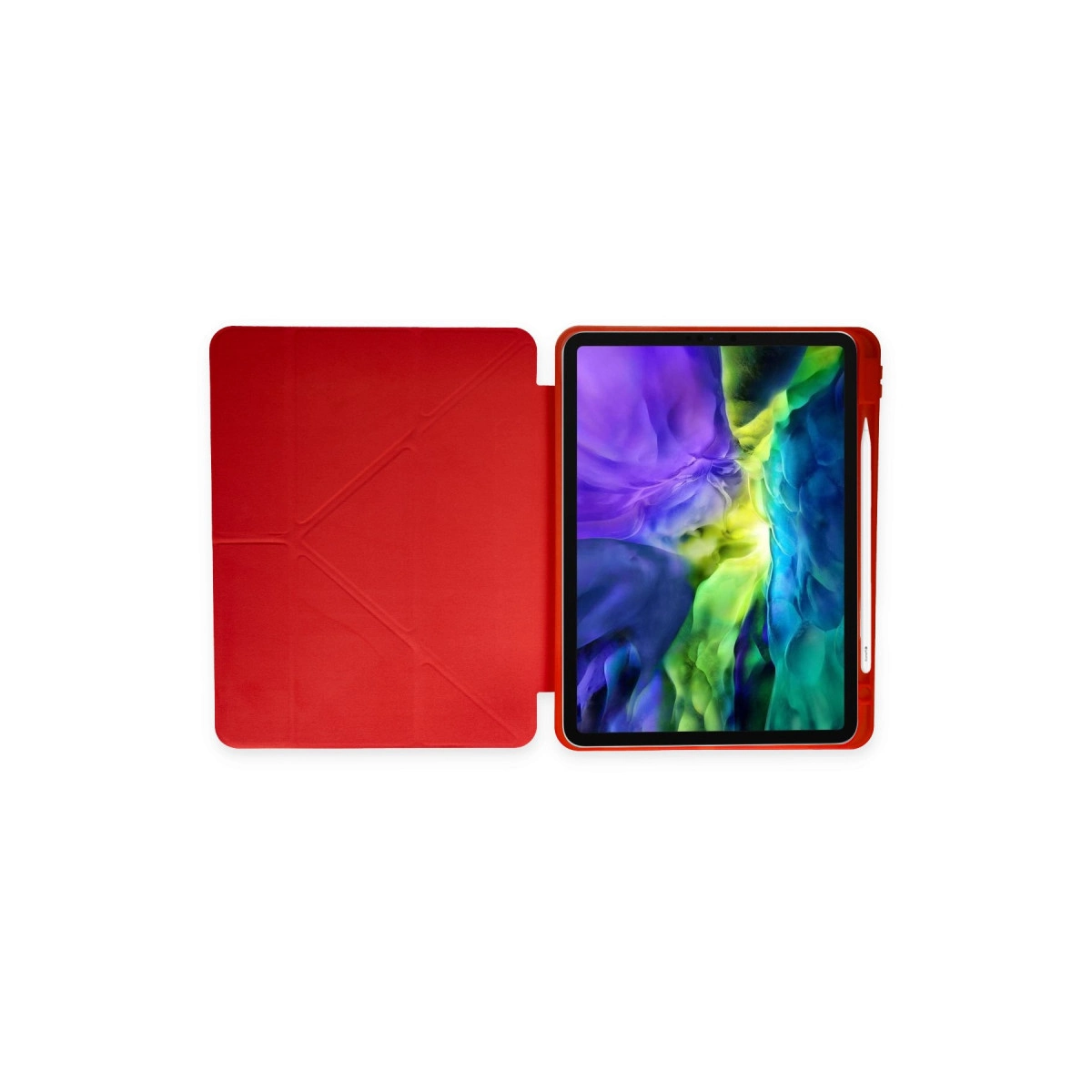 Kapağı açık kırmızı tablet, yanında kalem. Ekran soyut bir resim gösteriyor.