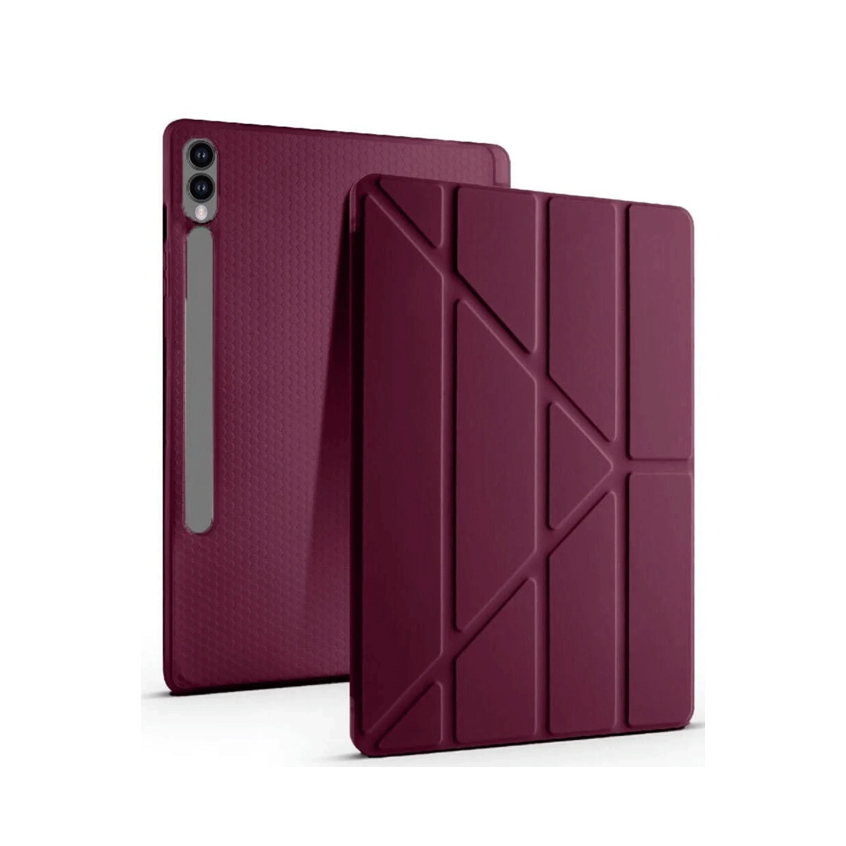 Beyaz arka plan üzerinde iki bordo tablet kılıfı. Biri petek desenli, diğeri katlanmış.