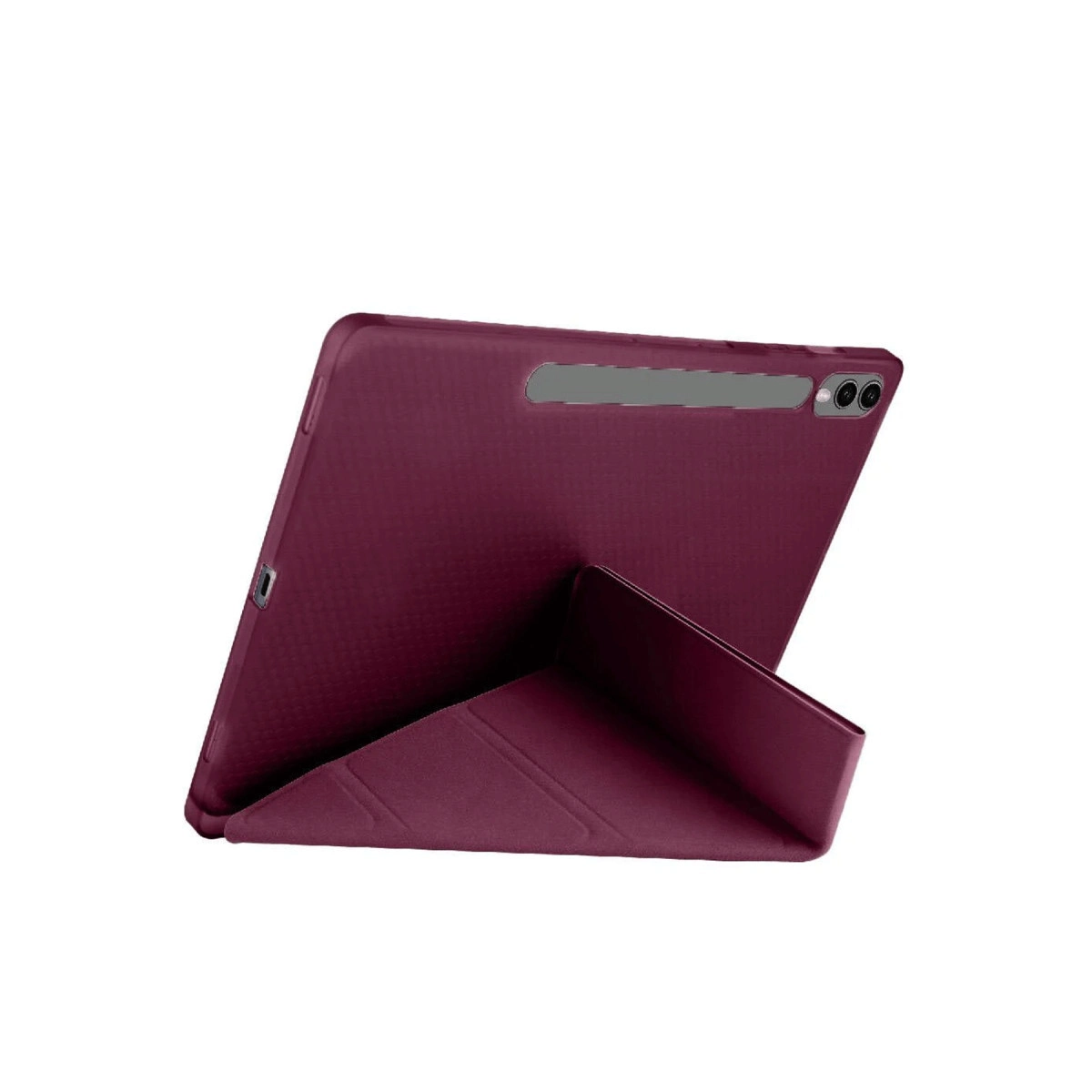 Katlanabilir stant üzerinde duran, koyu kırmızı renkli tablet ve kılıfı.