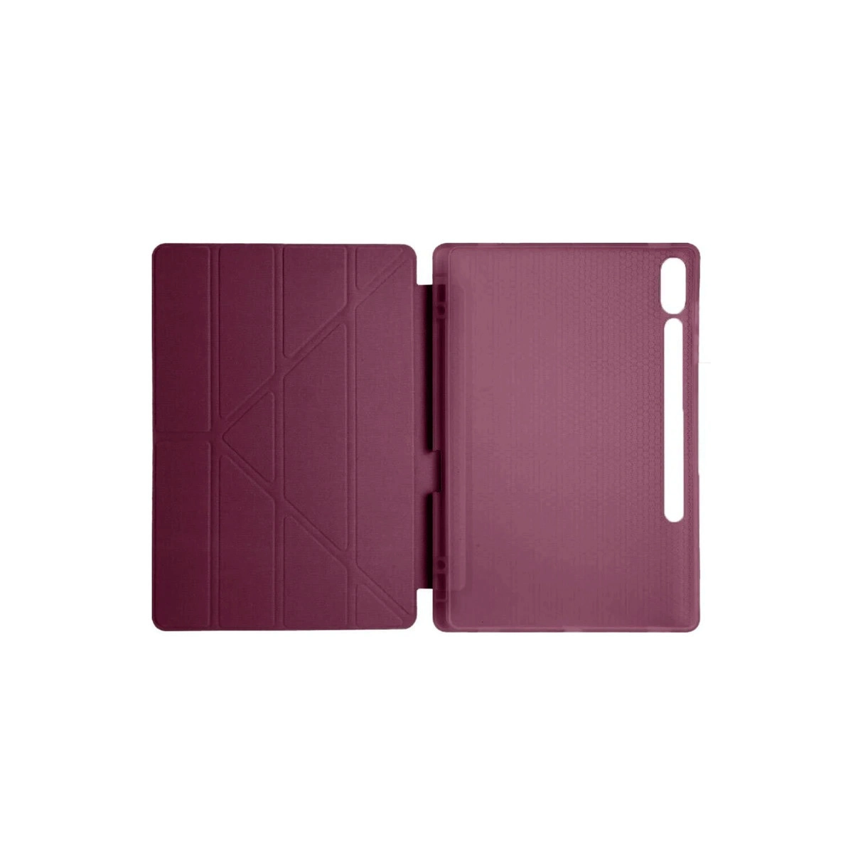 Açık, bordo renkli tablet standı, katlanmış ön kapağı ve petek desenli arkası ile.