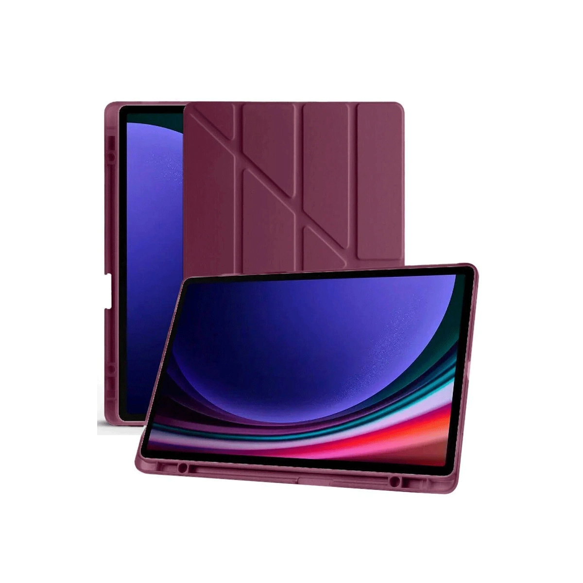 Katlanmış kılıflı mor tablet. Ekran renkli bir desen gösteriyor.