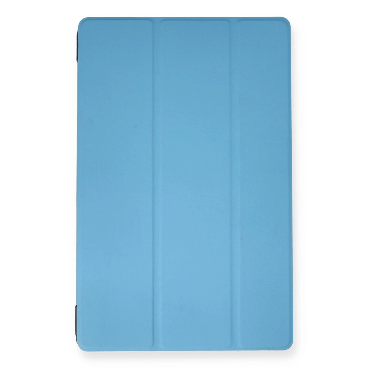 Açık mavi tablet kılıfı, üç dikey katlanmış, beyaz zeminde.