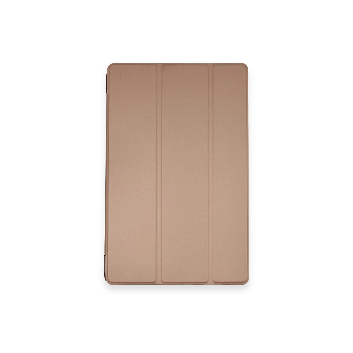 Üç katlı bej tablet kılıfı beyaz zeminde duruyor.