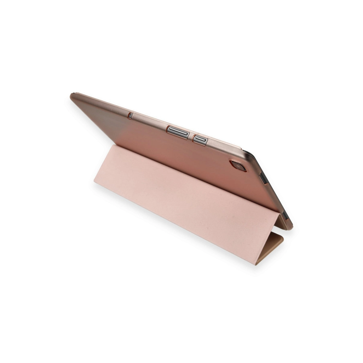 Açık pembe stantlı, beyaz arka plan üzerinde gül altın rengi tablet.