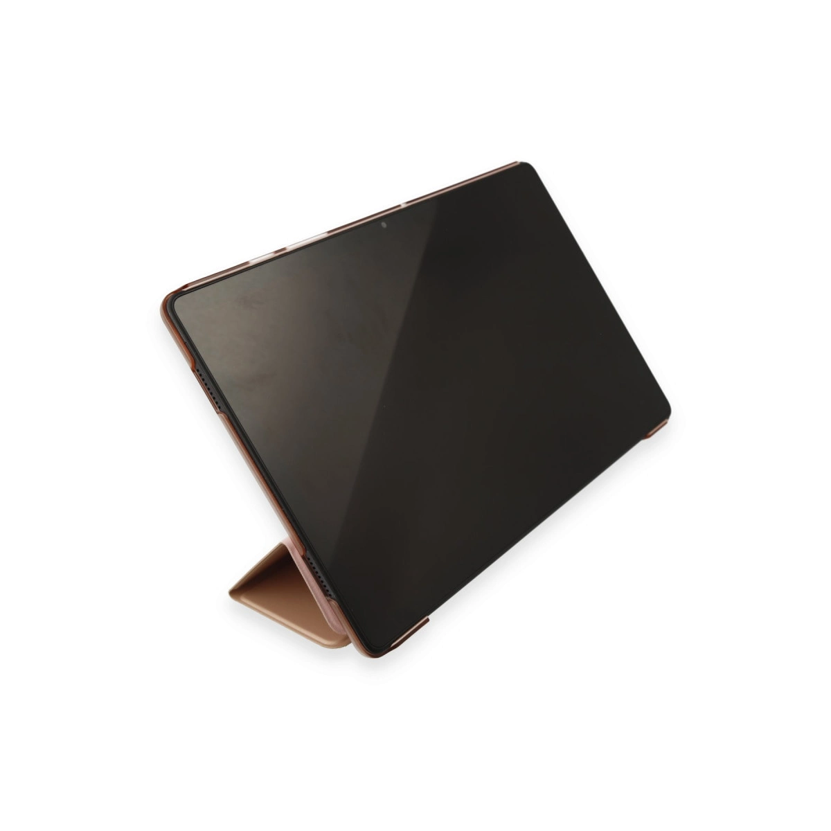 Beyaz arka plan üzerinde folyo kılıflı, rose gold tablet.