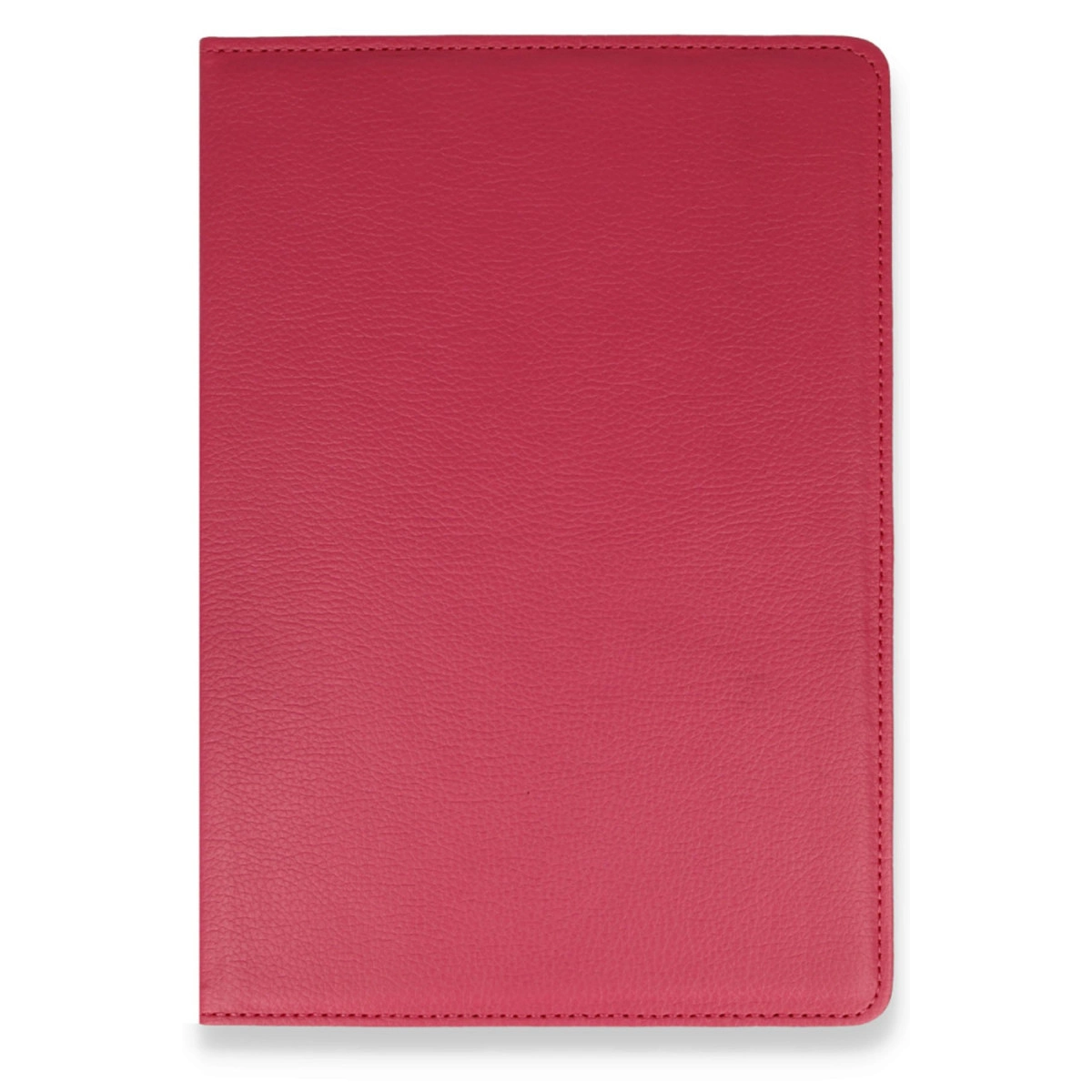 Dikişli kenarları olan kırmızı, deri görünümlü bir defter.