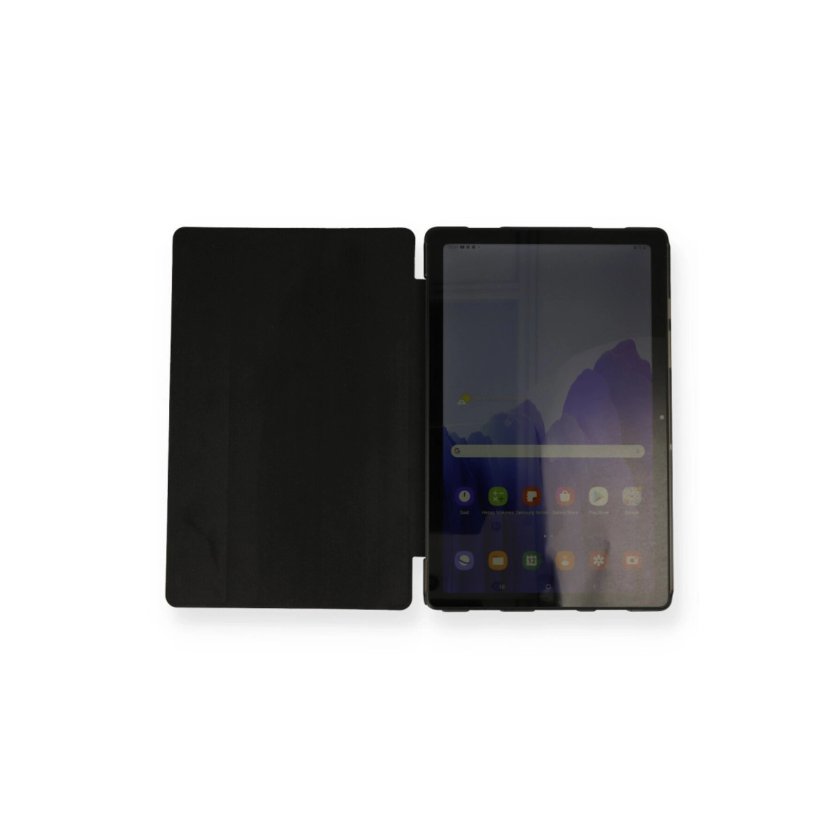 Ana ekranı gösteren açık kapaklı siyah bir tablet.