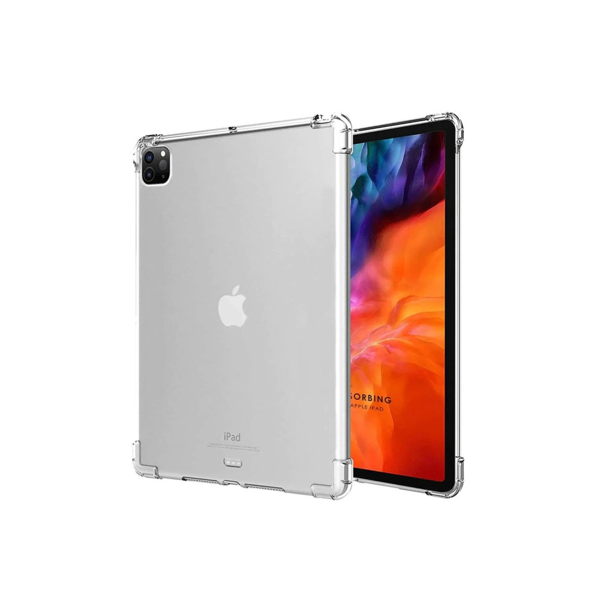 Şeffaf iPad kılıfı, Apple logosunu ve arka kamerayı gösterir.