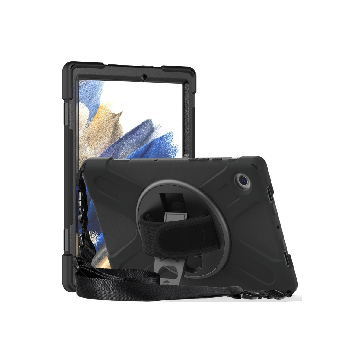 Siyah tablet koruyucu kılıf, stantlı ve askılı, beyaz arka planda.