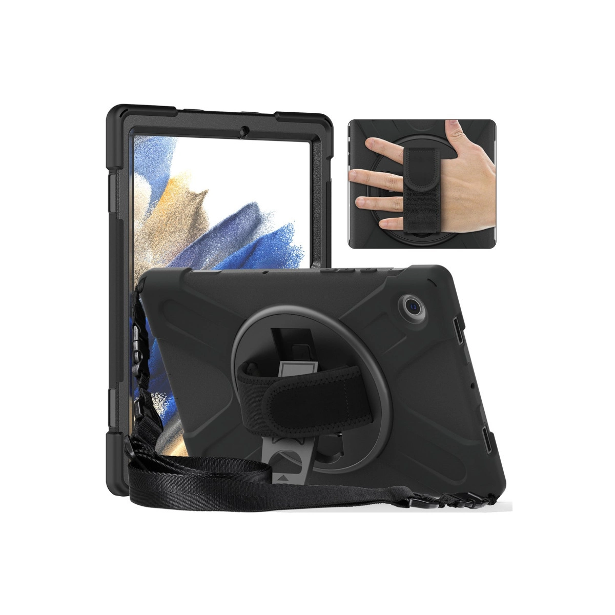 Kulp, stant ve kayışlı siyah tablet kılıfı. Arka ve ön görünümler.