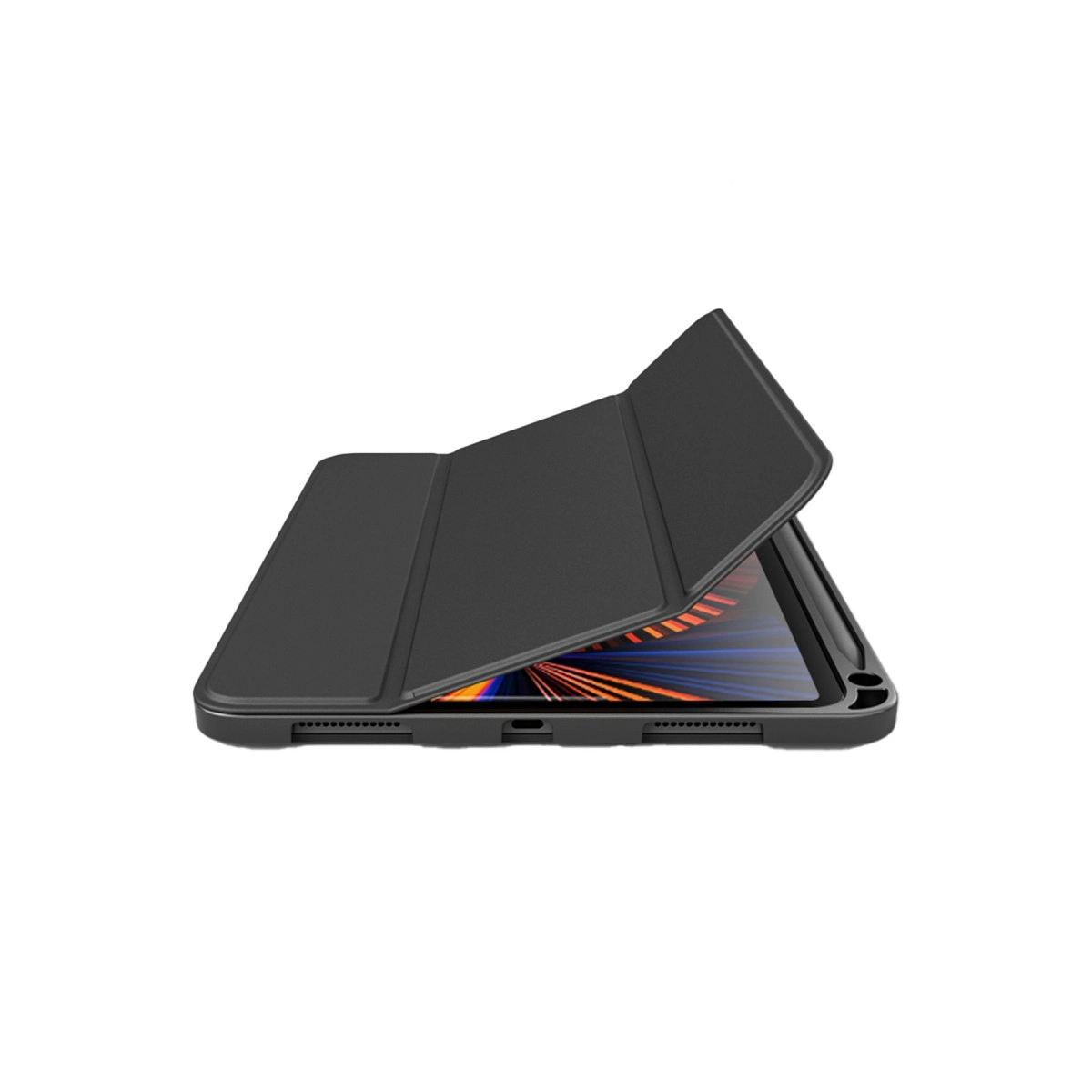 Beyaz arka plan üzerinde açık kapaklı siyah tablet.