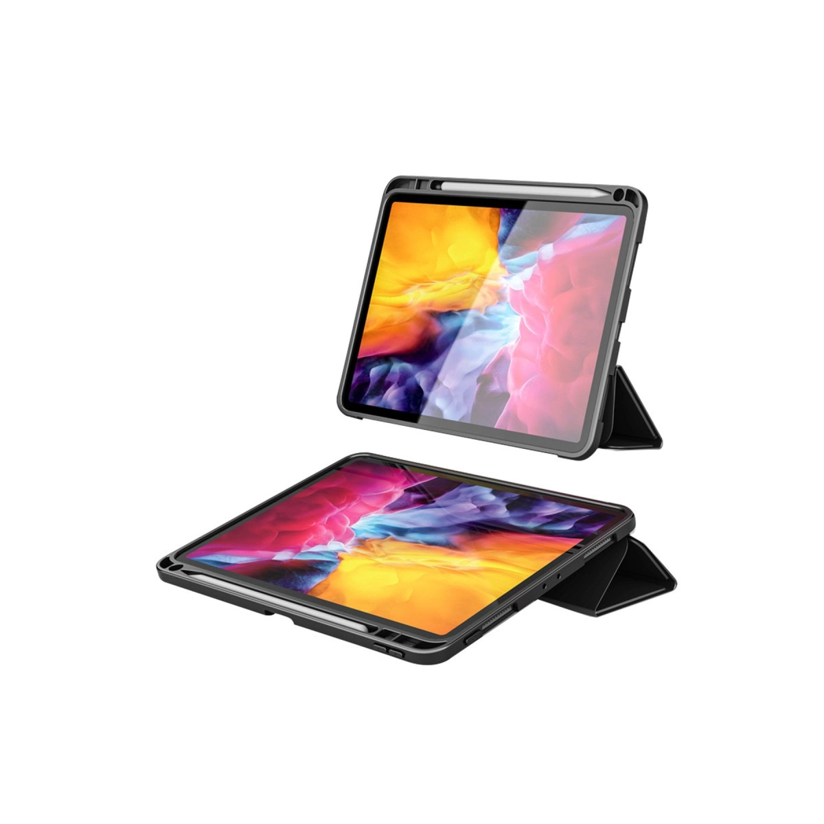 İki tablet, styluslu, siyah kılıflı, biri dik, diğeri yatay.