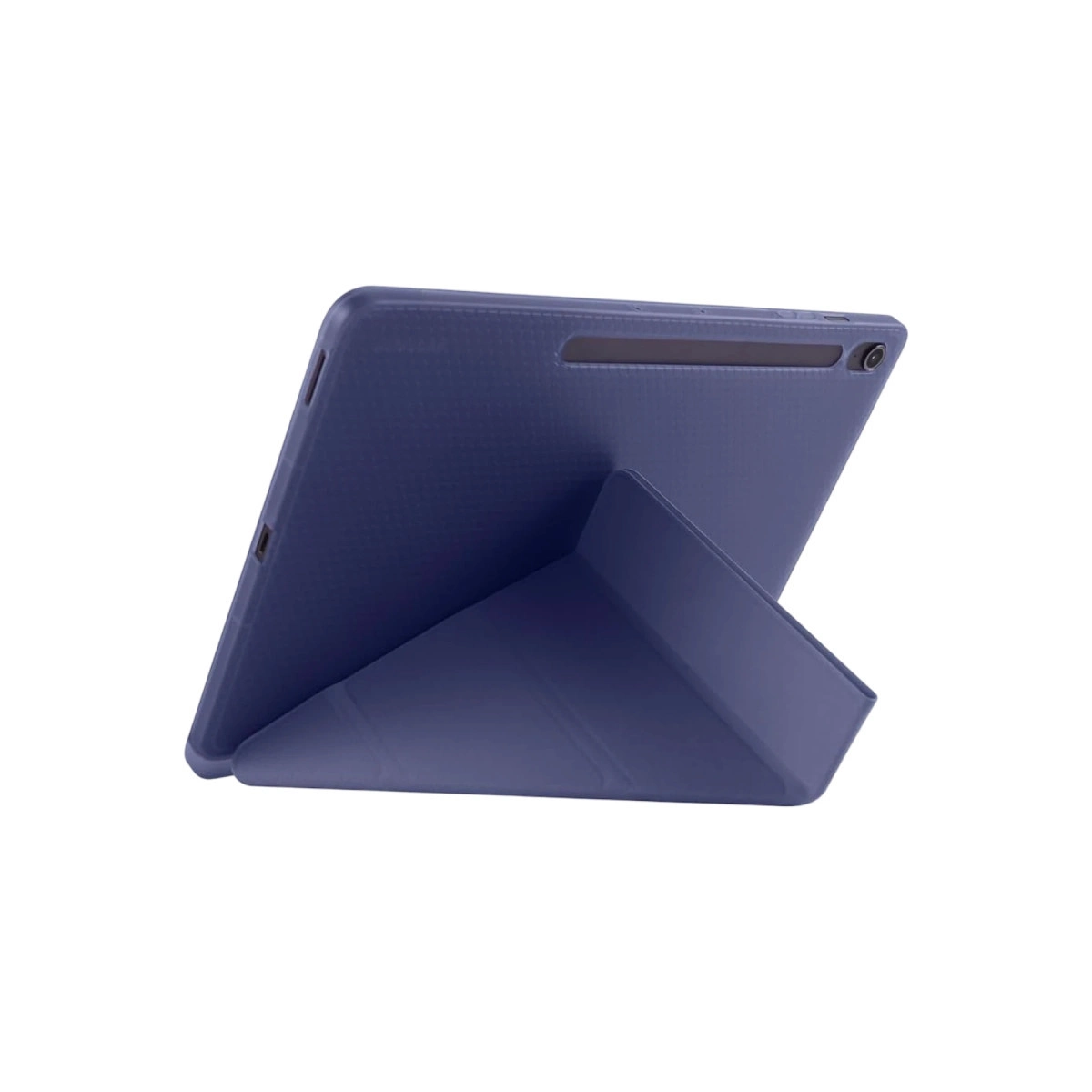 Kumaştan yapılmış, entegre kalem tutuculu koyu mavi tablet standı.