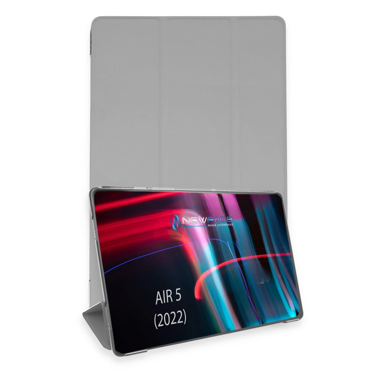 Renkli grafik ve 'AIR 5' yazılı açık kapaklı gri tablet.