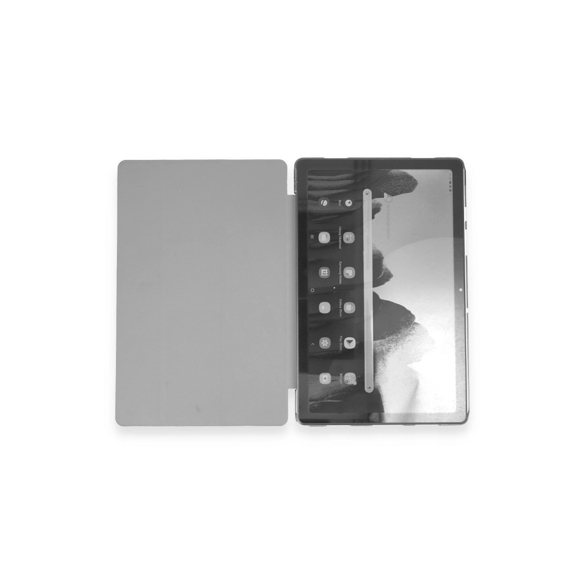 Gri kılıflı bir tablet açık, uygulamalı ekranı gösteriyor.
