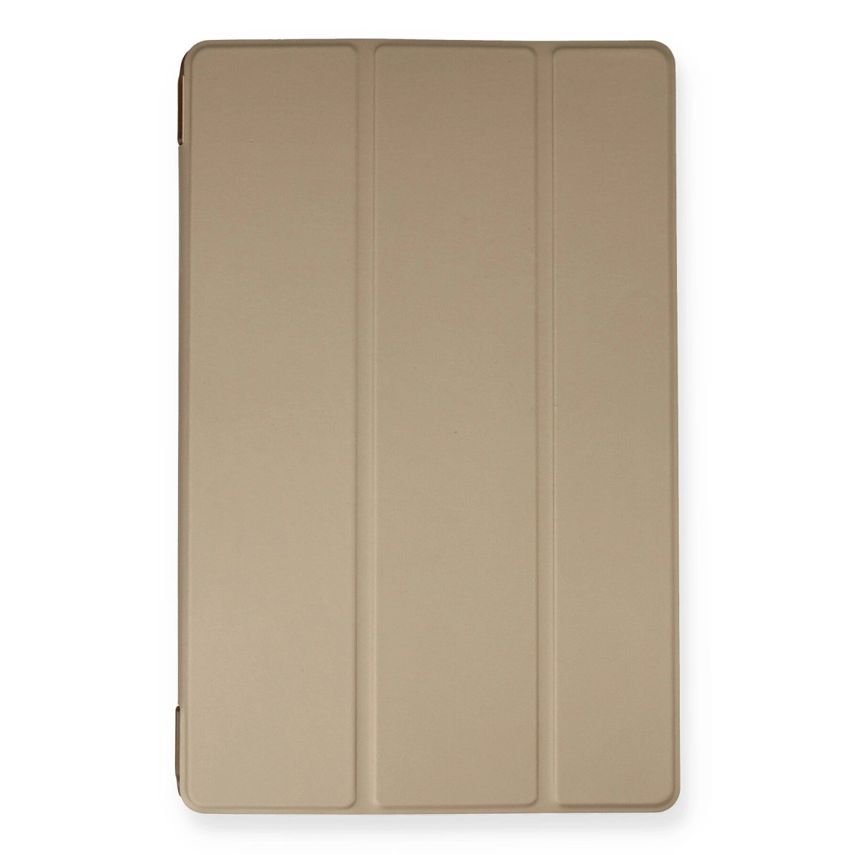 Üç yatay katlamalı bej tablet kılıfı.