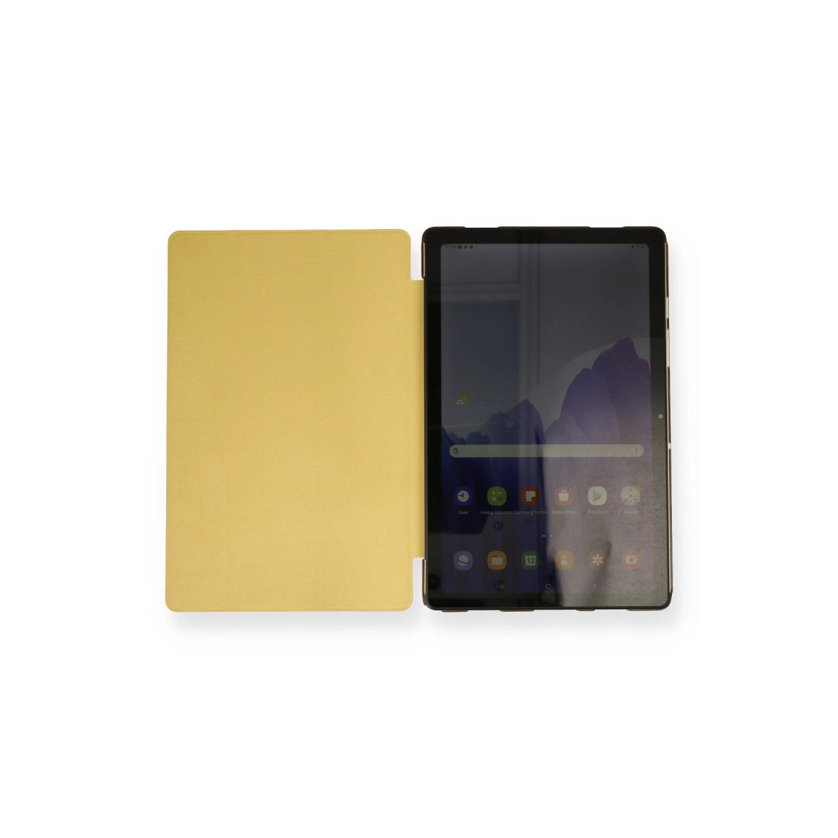 Altın renkli tablet standı, kapağı açık siyah tablete bitişik.