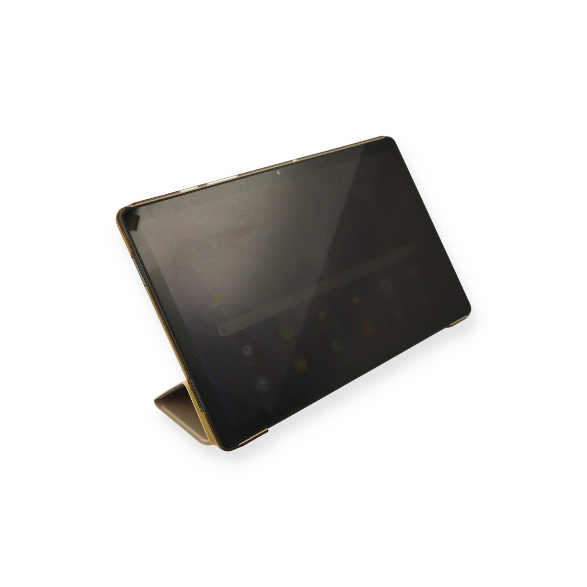 Beyaz arka plan üzerinde altın rengi tablet ve standı.