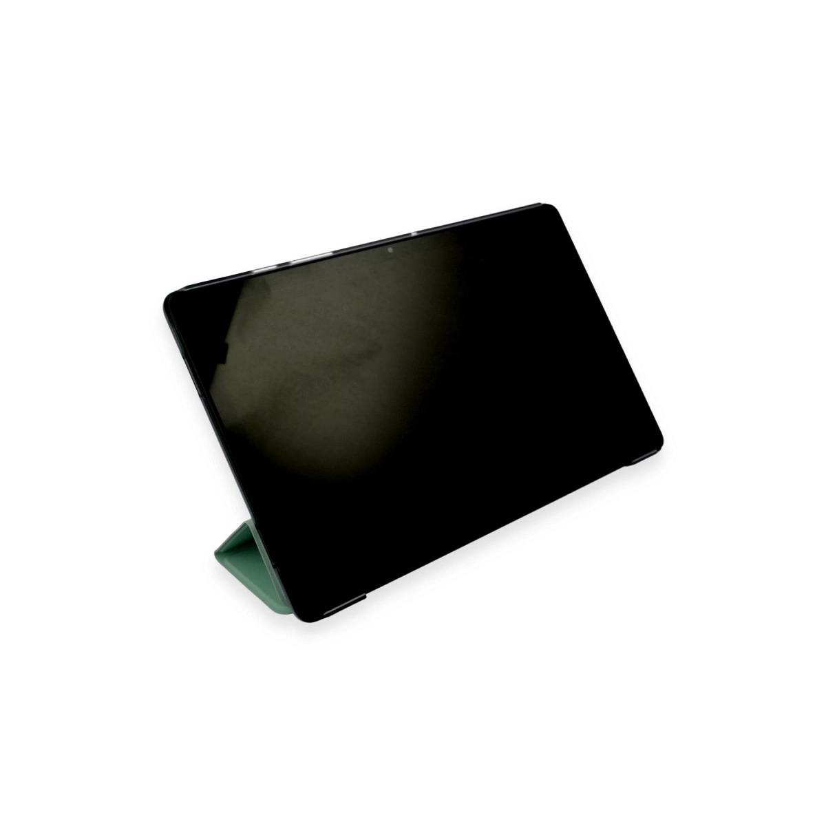 Beyaz arka plan üzerinde yeşil stantlı siyah tablet.