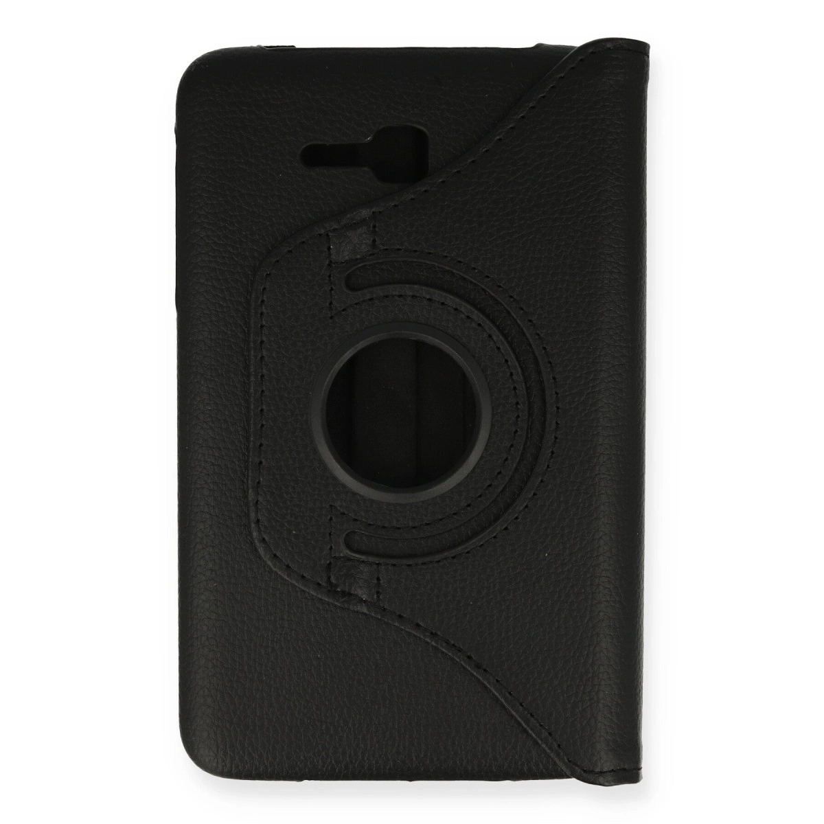 Dönebilen tutuculu ve kamera açıklıklı siyah deri tablet kılıfı.