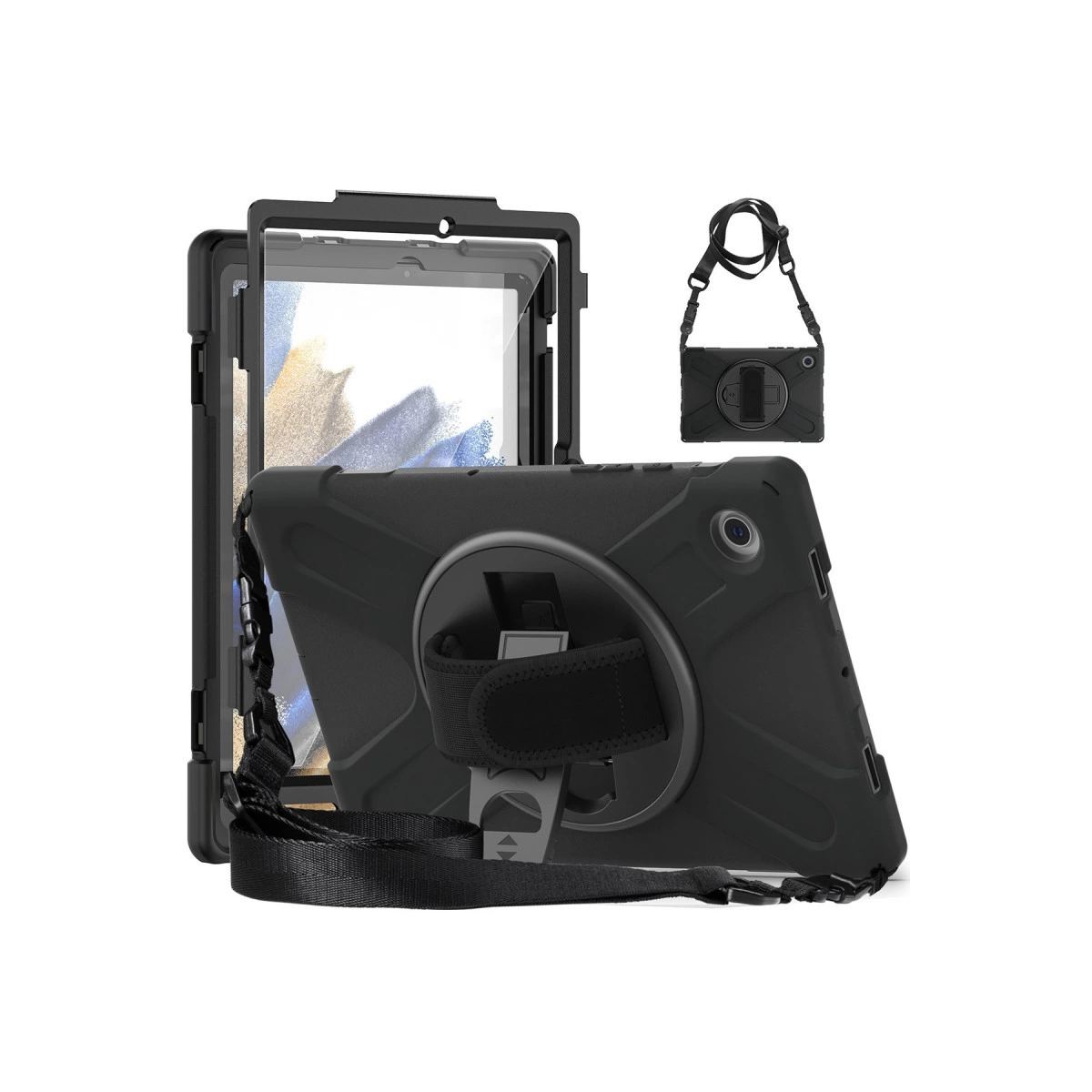Askılı ve entegre standlı koruyucu kılıfta siyah tablet.