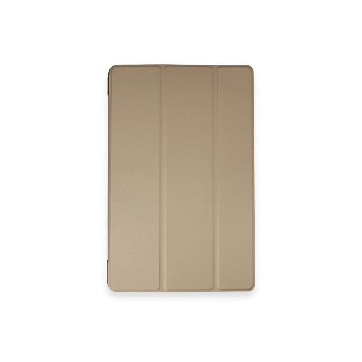 Üç katlama çizgili bej tablet kılıfı, beyaz arka plan üzerinde.