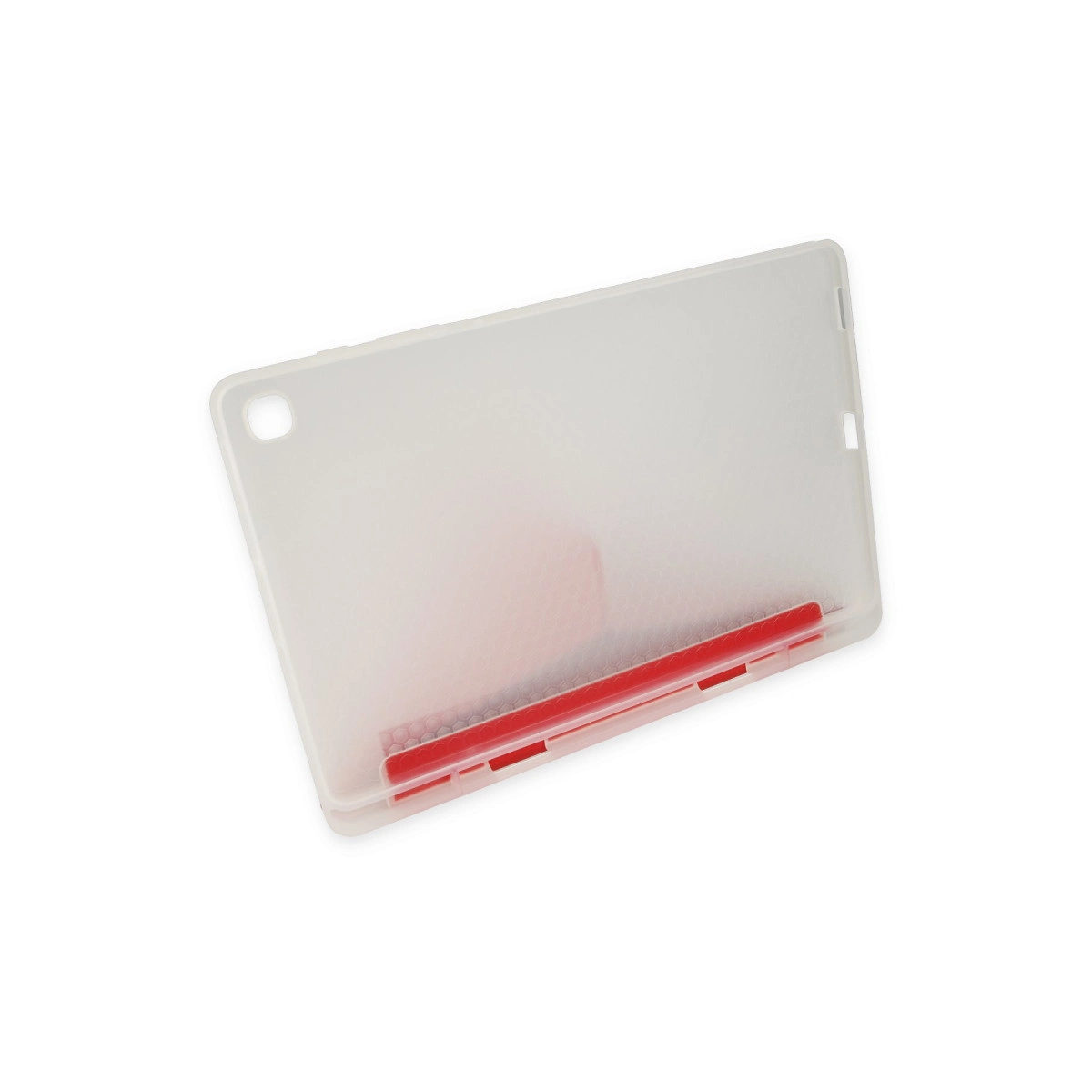 Kırmızı kalem tutuculu yarı saydam tablet kılıfı.