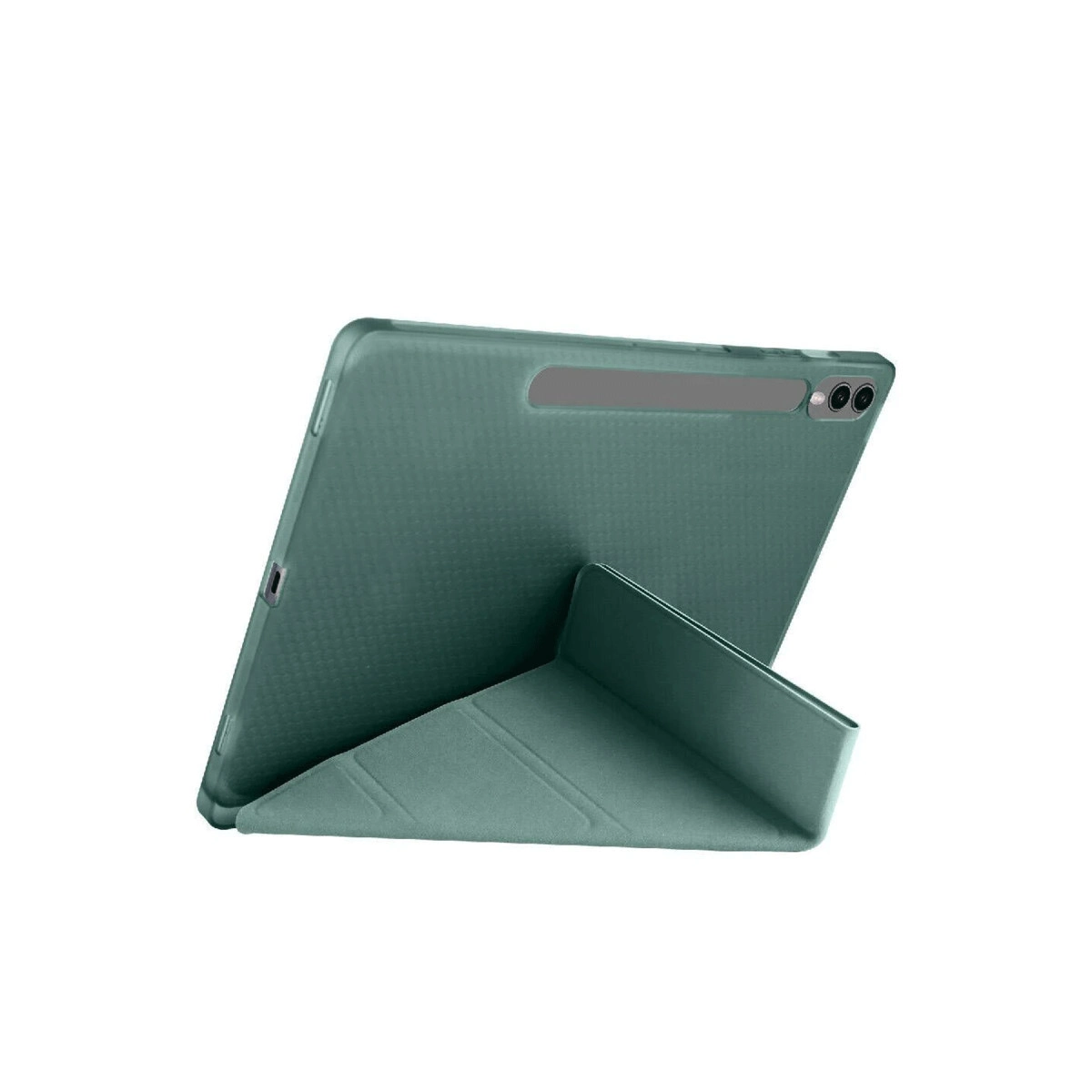 Standlı yeşil tablet kılıfı, arka yüzeyi petek dokuludur.