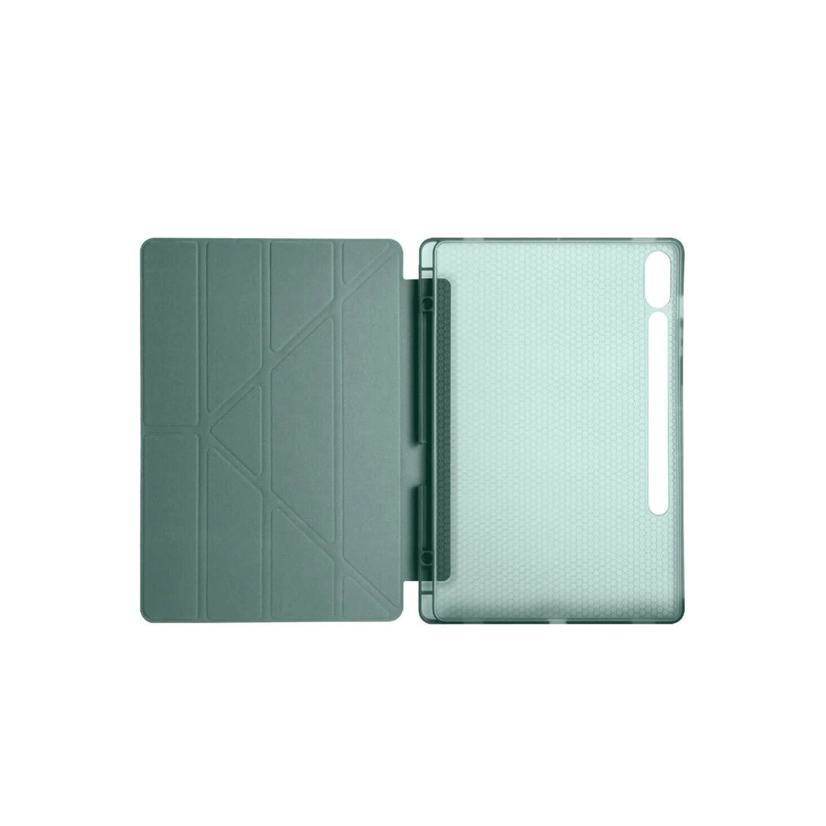 Şeffaf kılıflı yeşil tablet standı.