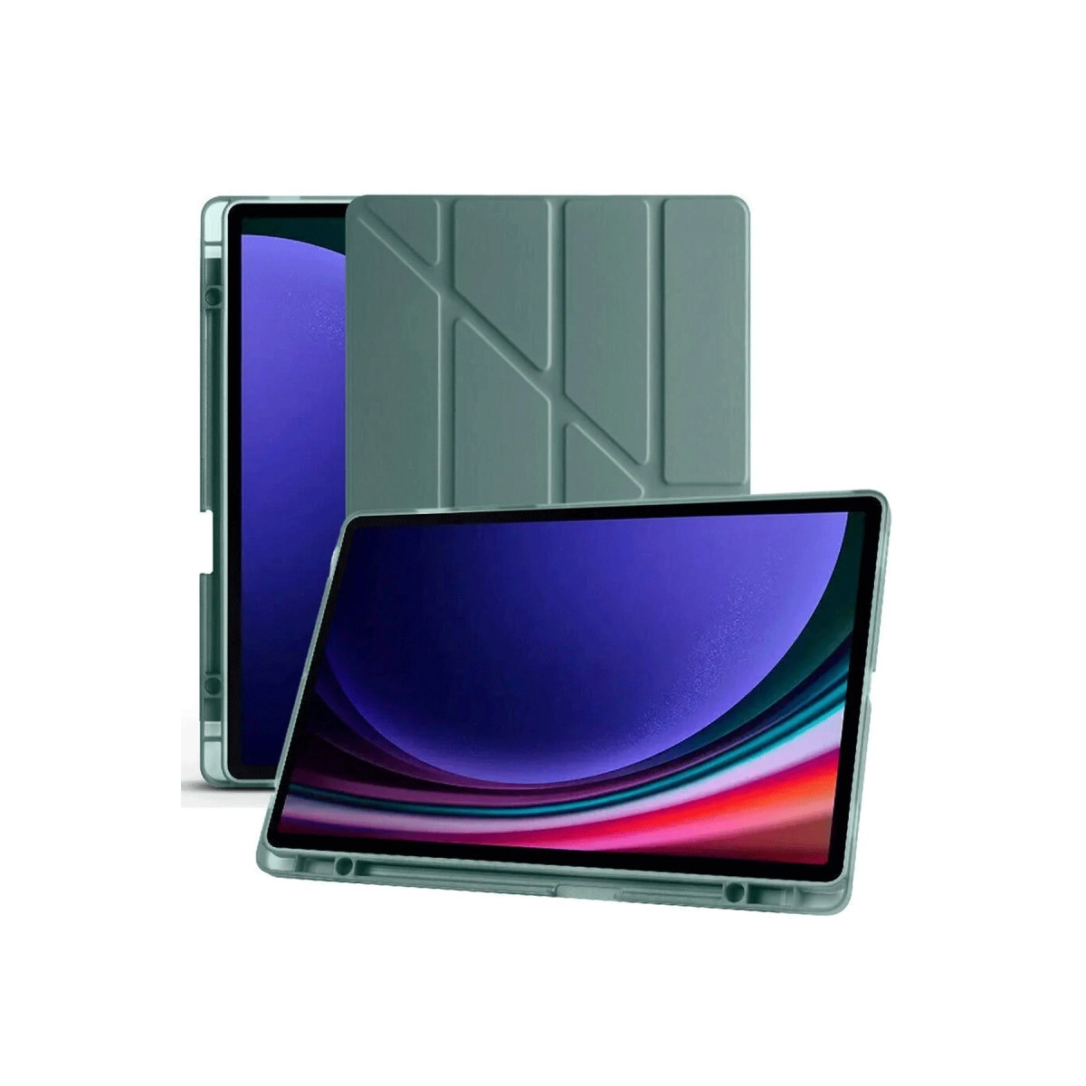 İki adet adaçayı yeşili tablet kılıfı, katlanmış desenli, biri açık, biri kapalı.