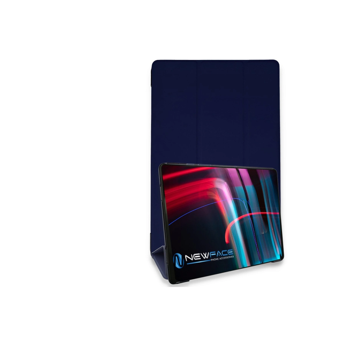 Renkli bir ekran gösteren tabletin ayakta durduğu lacivert tablet kılıfı.
